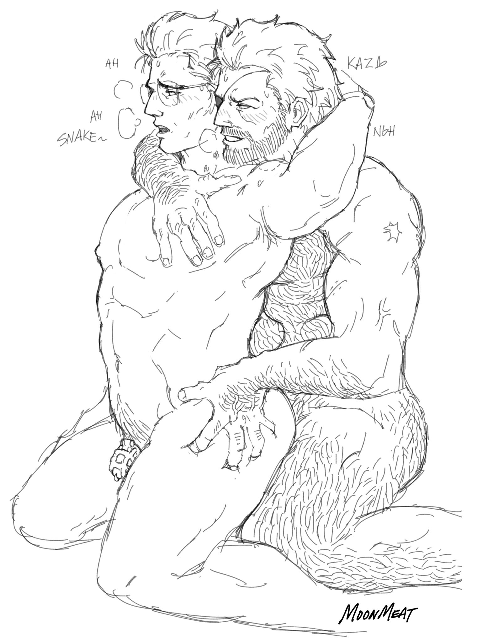 anal sex, bara, big boss, black and white, body hair, chastity cage, gay, gay sex, gripping thighs, kazuhira miller, male only, metal gear solid, moonmeeat, naked snake, yaoi