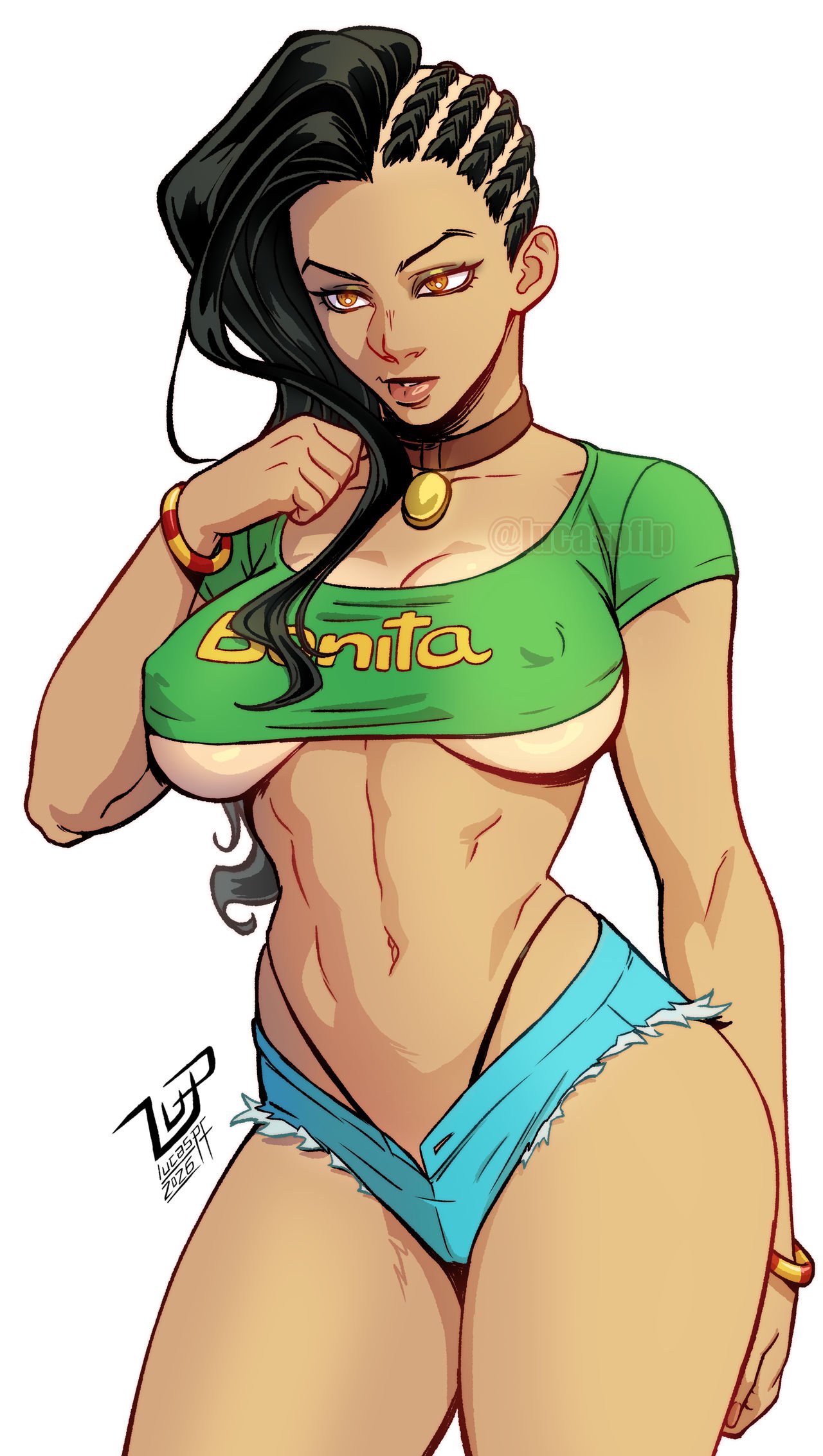 1girls, 2026, 2d, alternate costume, ass hanging out of shorts, bare midriff, black hair, brazilian, brazilian female, breasts, brown eyes, busty, capcom, cleavage, crop top, daisy dukes, female, female focus, female only, g-string, hourglass figure, laura matsuda, long hair, lucaspflp, makeup, revealing clothes, short shorts, street fighter, street fighter v, underboob, wide hips