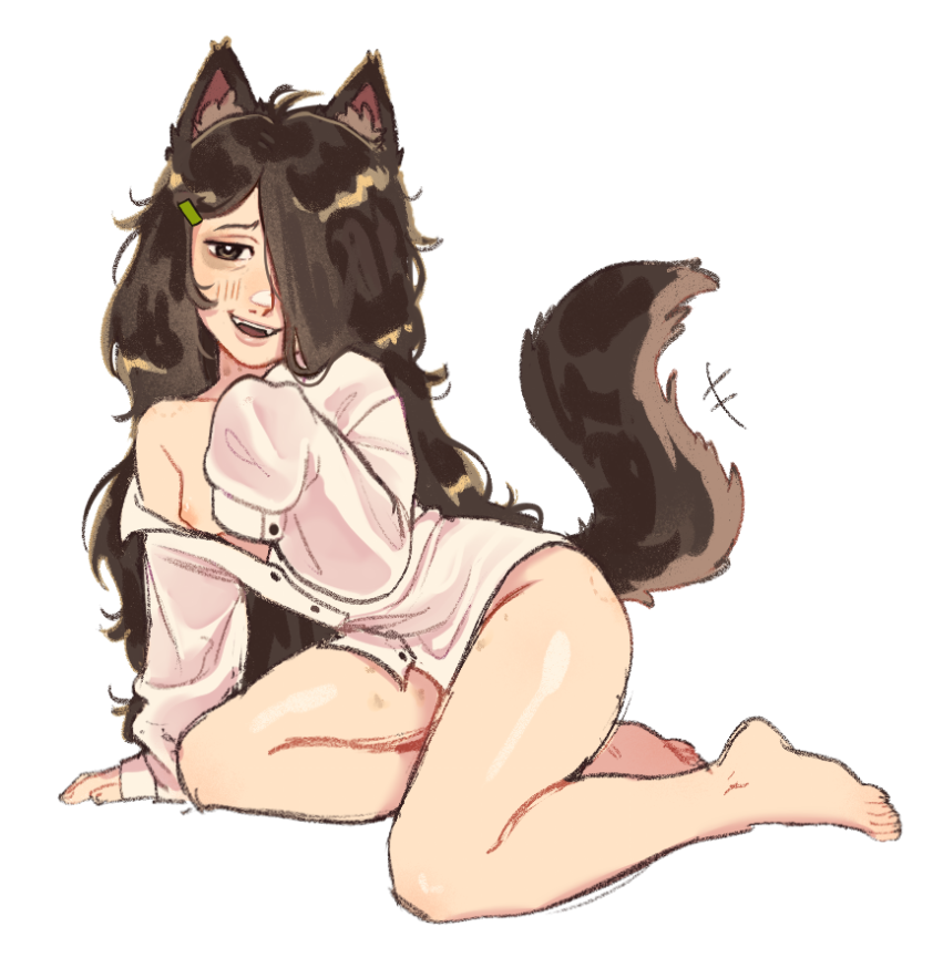1girls, bite mark, bottomless, breasts, brown hair, dog ears, dog tail, evilgaysex, female, fluffy tail, hair over one eye, hickey, legs, light skin, light-skinned female, long hair, original character, puppy (prim), puppy girl, tail, white background, white shirt