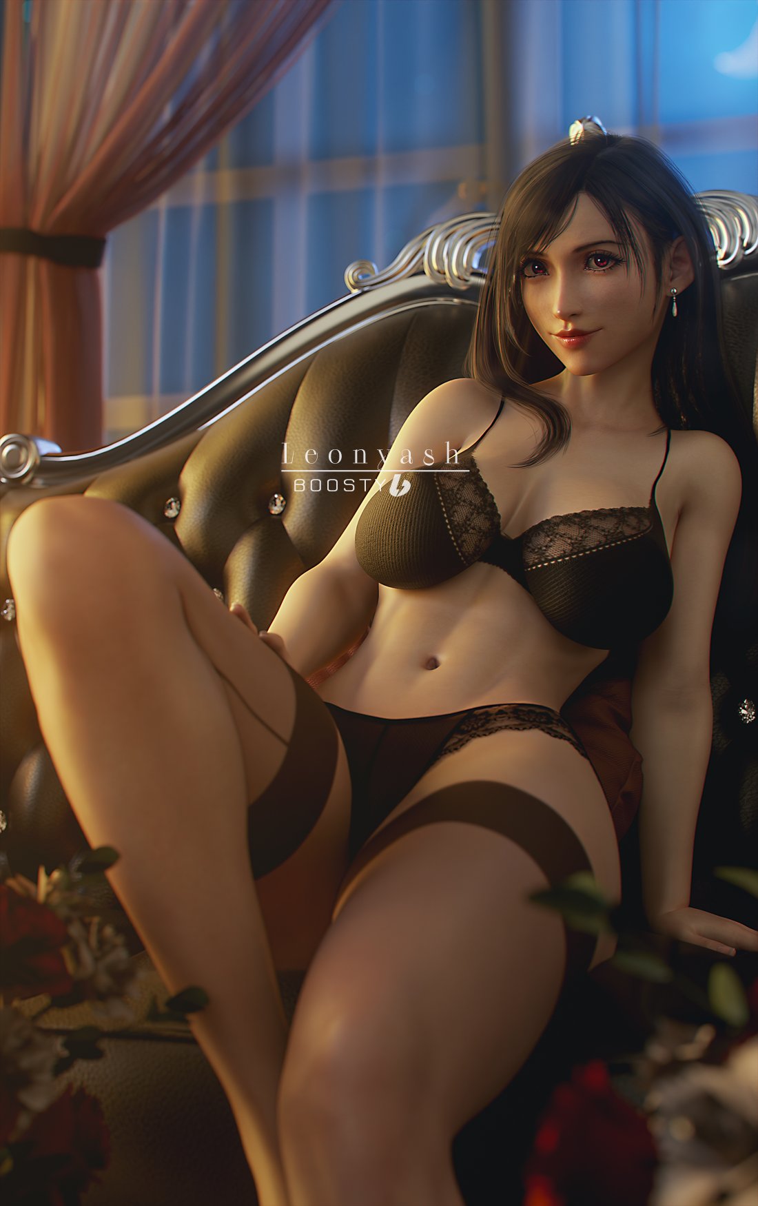 1girls, 3d, 3d (artwork), artist name, black bra, black panties, black thighhighs, bottomwear, bra, brown hair, couch, ear piercing, earrings, female, female only, final fantasy, final fantasy vii, hair, lace, lace trim, lace-trimmed bra, lace-trimmed panties, legwear, leonyash3d, lingerie, lips, long hair, panties, red eyes, solo, solo female, square enix, thighhighs, thighs, tifa lockhart, topwear