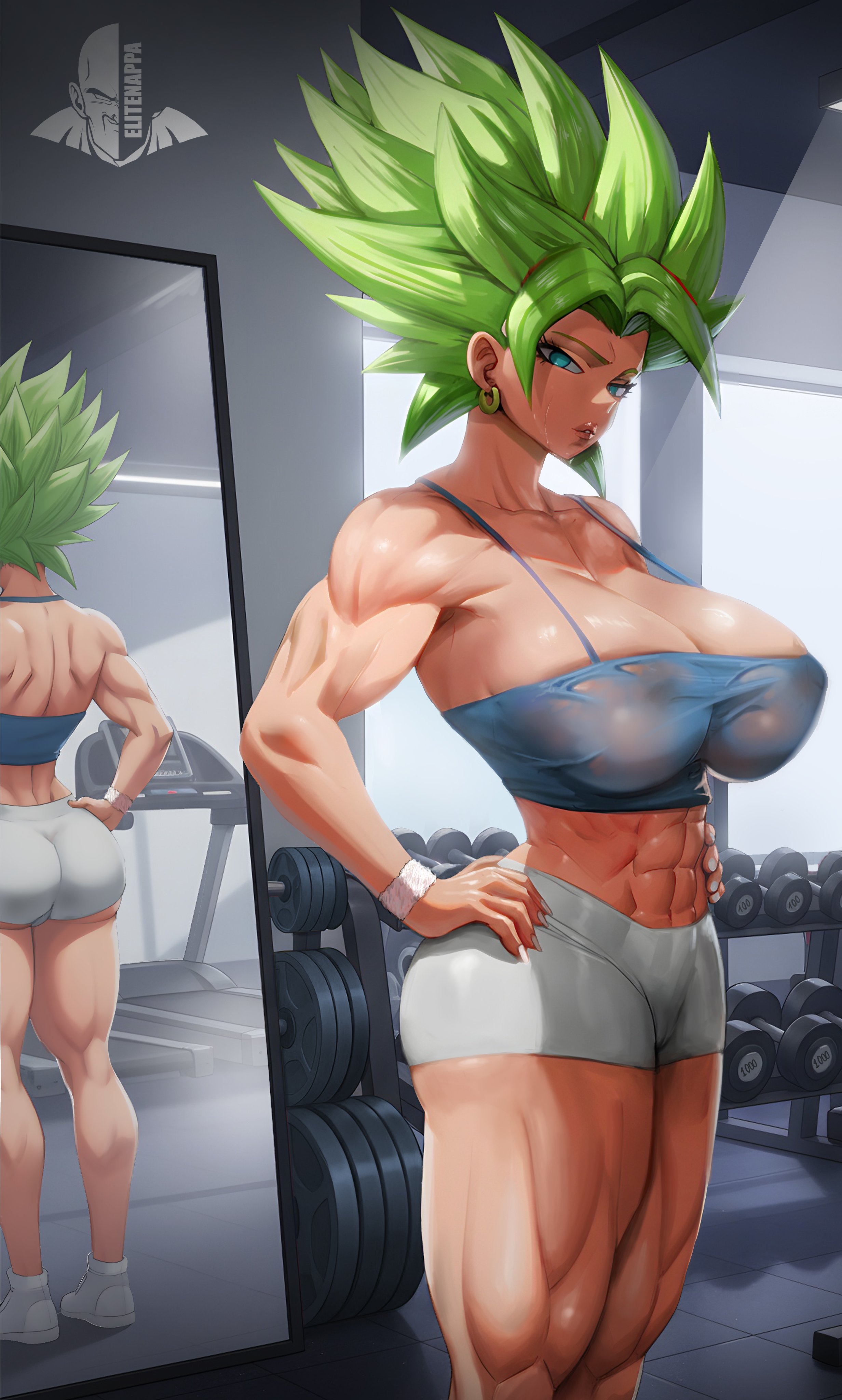 1girls, abs, areolae, ass, big ass, big breasts, breasts, bubble butt, busty, clothing, dragon ball, dragon ball super, elitenappa, fat ass, female, female only, female saiyan, gym, gym clothes, hands on hips, huge ass, huge breasts, kale, kale (berserker), large ass, large breasts, legendary super saiyan, mirror, mirror reflection, muscular, muscular female, nipples, nipples visible through clothing, no bra, saiyan, solo, super saiyan, super saiyan 2, thick ass, thick thighs, thunder thighs, toned, toned female, wide hips, workout clothes