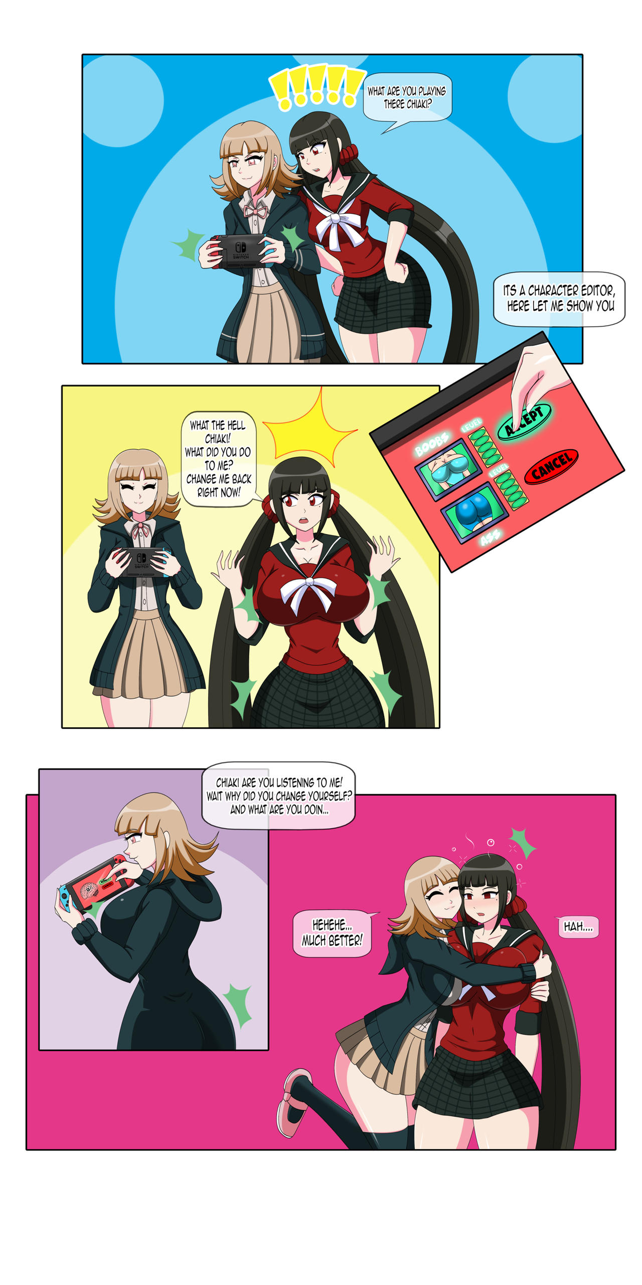 2girls, big ass, big breasts, bimbofication, black hair, blonde hair, body modification, breast expansion, breasts, bubble ass, bubble butt, comic, danganronpa, danganronpa 2: goodbye despair, dlobo777, dumb girl, dumbification, english text, expansion, expansion sequence, harukawa maki, huge breasts, hugging, large breasts, nanami chiaki, nintendo, nintendo switch, nintendo switch console, school uniform, wide hips