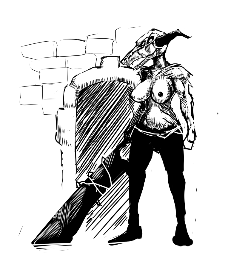 breasts capra_demon dark_souls female female_only fromsoftware front_view greyscale looking_right monochrome overhand_grip rule_63 solo standing sword weapon