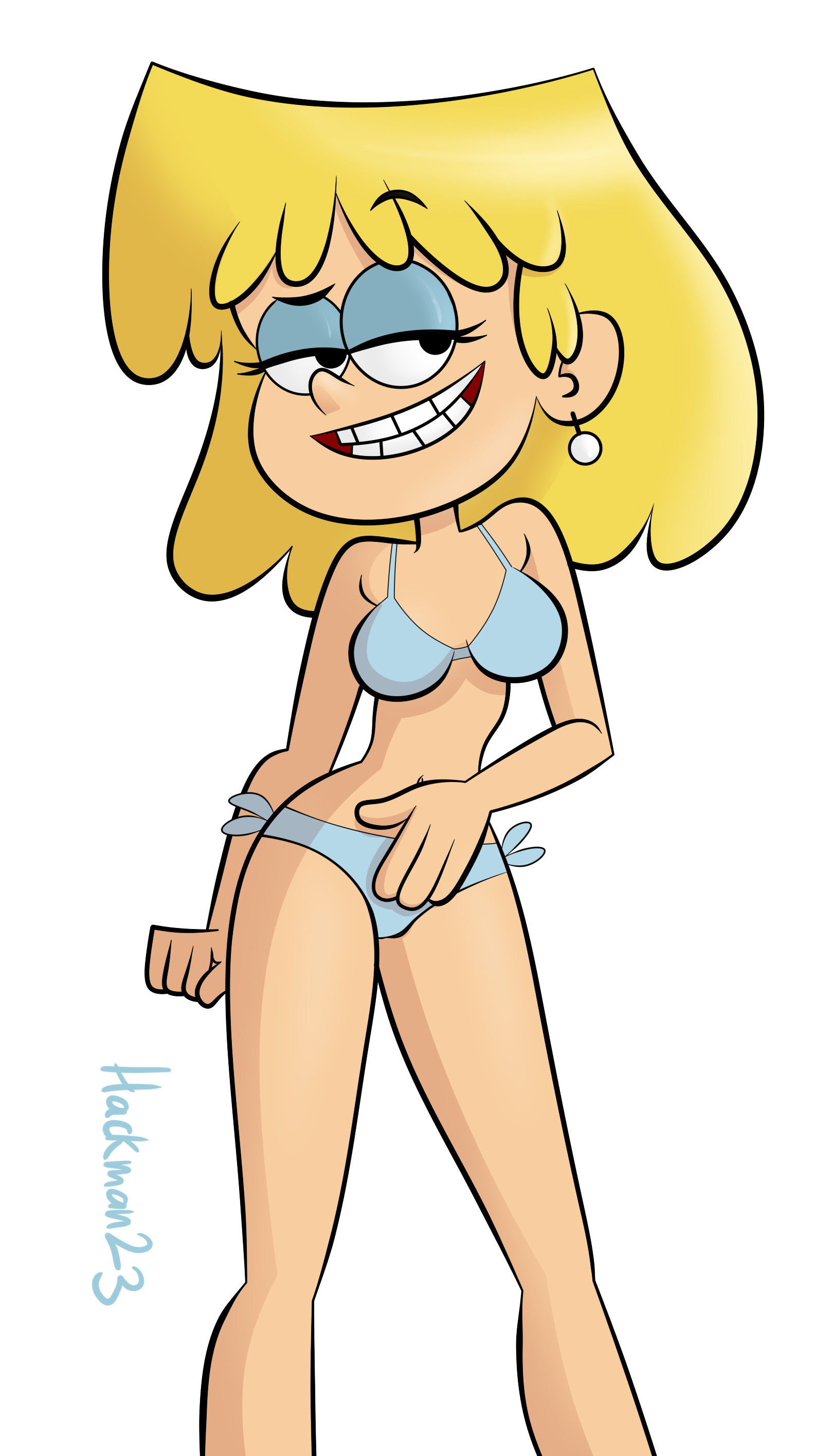 1girls, bare shoulders, barefoot, bikini, blonde female, blonde hair, blue bikini, blue panties, breasts out, earrings, eyelashes, female, female focus, female only, hackman23, half-closed eyes, light skin, light-skinned female, lori loud, nickelodeon, nicktoons, panties, short hair, simple background, smile, solo, solo female, solo focus, teenage girl, teenager, the loud house, white background