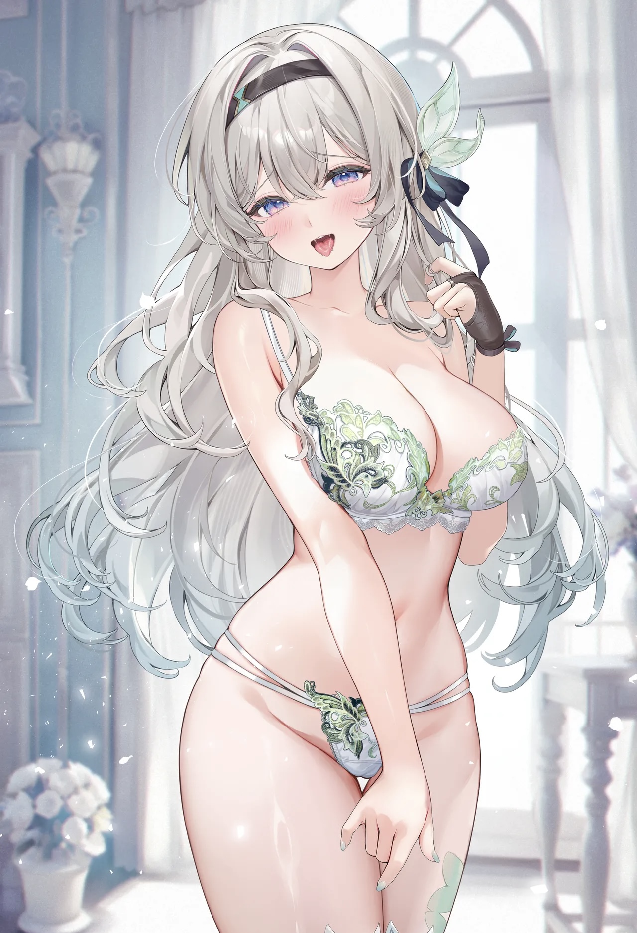 1girls, blush, bra, breasts, cleavage, curtains, curtains open, female focus, female only, fingerless glove, firefly (honkai: star rail), gradient eyes, gradient hair, hair ornament, headband, honkai (series), honkai: star rail, large breasts, long hair, looking at viewer, machi (machi0910), open mouth, open smile, painted fingernails, painted nails, panties, silver hair, smiling, smiling at viewer, solo, solo female, tongue, tongue out, window