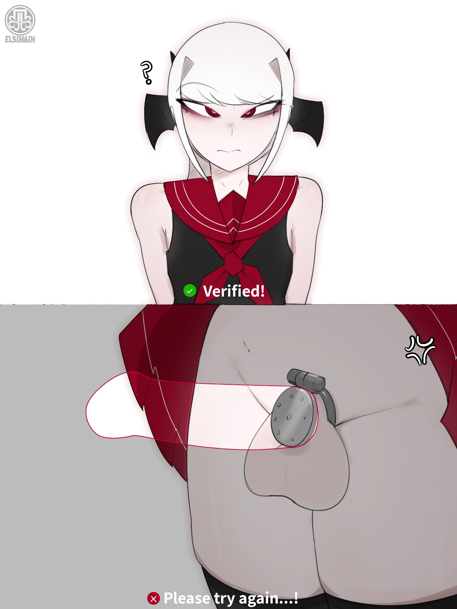 1boy, 2026, 2d, 2koma, annoyed, artist logo, balls, ballsack, big penis in chastity, chastity, chastity cage, chastity device, clothed, clothed femboy, comic, elsimain, femboy, flat chastity cage, hi res, light skin, light-skinned femboy, light-skinned male, male, original, original character, red eyes, red-eyed female, simple background, skirt, skirt lift, solo, verification, white background, white hair, white-haired female
