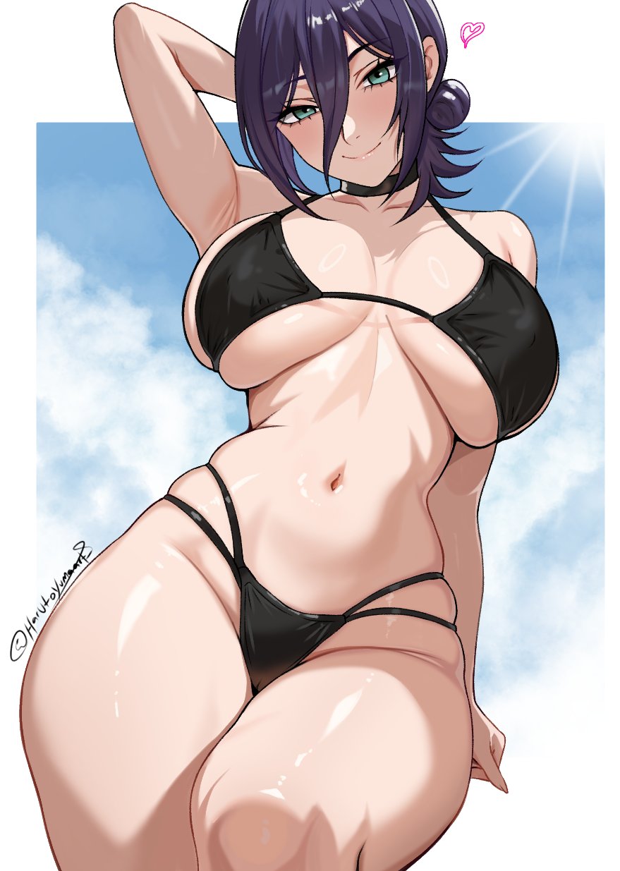 1girls, alternate body type, alternate breast size, arm behind head, big breasts, bikini, bikini bottom, bikini top, black bikini, bottomwear, breasts, chainsaw man, cleavage, female, female only, green eyes, hair, hair bun, harutoyumaarts, heart, hips, hourglass figure, huge breasts, large breasts, purple hair, reze (chainsaw man), slim waist, smile, solo, solo female, swimwear, thick thighs, thighs, topwear, wide hips