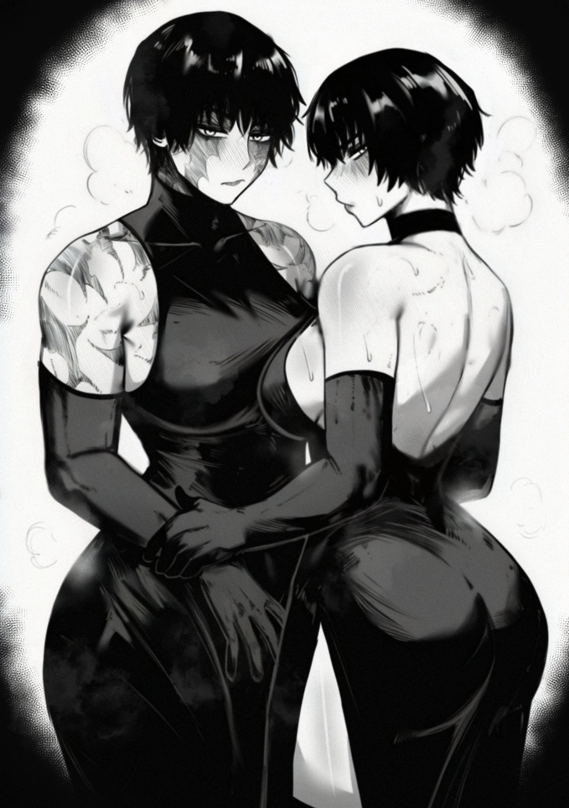 2girls, backless outfit, backside, big ass, big thighs, breasts, child bearing hips, close together, curves, curvy, curvy female, cute, cute face, dress, fat ass, female, female only, greyscale, hips wider than shoulders, holding other, hourglass figure, jujutsu kaisen, looking at viewer, medium breasts, multiple girls, rethoven, scars, scars all over, scars on arm, scars on face, sexy, sexy body, short hair, siblings, side eye, sideboob, sister and sister, sisters, thick, thick ass, thick thighs, wide hips, wide thighs, zenin mai, zenin maki