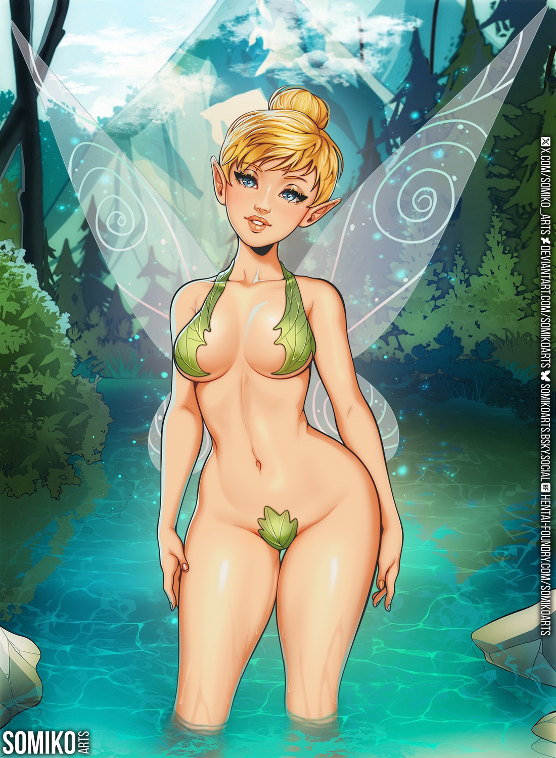 1girls, alternate version available, blonde hair, blue eyes, breast curtains, breasts, disney, fairy, fairy wings, female, female only, functionally nude, functionally nude female, hair, hair bun, hips, leaf clothing, leaf pasties, lips, maebari, medium breasts, parted lips, peter pan (disney), pointy ears, solo, solo female, somikoarts, thighs, tinker bell, water, wide hips, wings