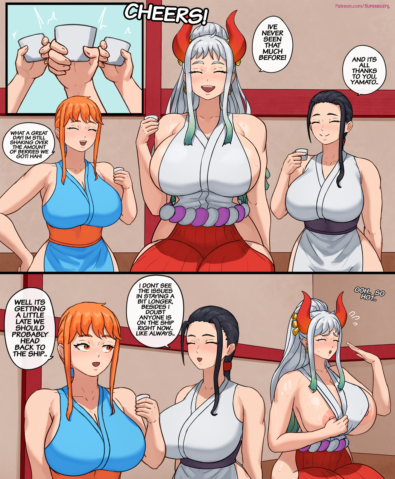 2d, 3girls, big breasts, black hair, black-haired female, breasts, busty, clothed, clothed female, english, english text, female, female only, huge breasts, light skin, light-skinned female, nami (one piece), nico robin, one piece, orange hair, orange-haired female, speech bubble, superbusty, tagme, text, undressing, white hair, white-haired female, yamato (one piece), yuri