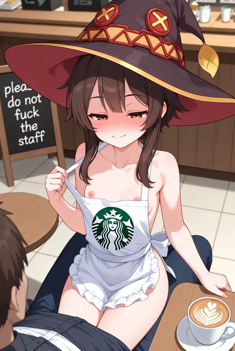 ai generated, apron, blush, brown hair, coffee, kono subarashii sekai ni shukufuku wo!, megumin, public, pulling clothing, red eyes, sign, sitting on lap, smug, starbucks, witch hat