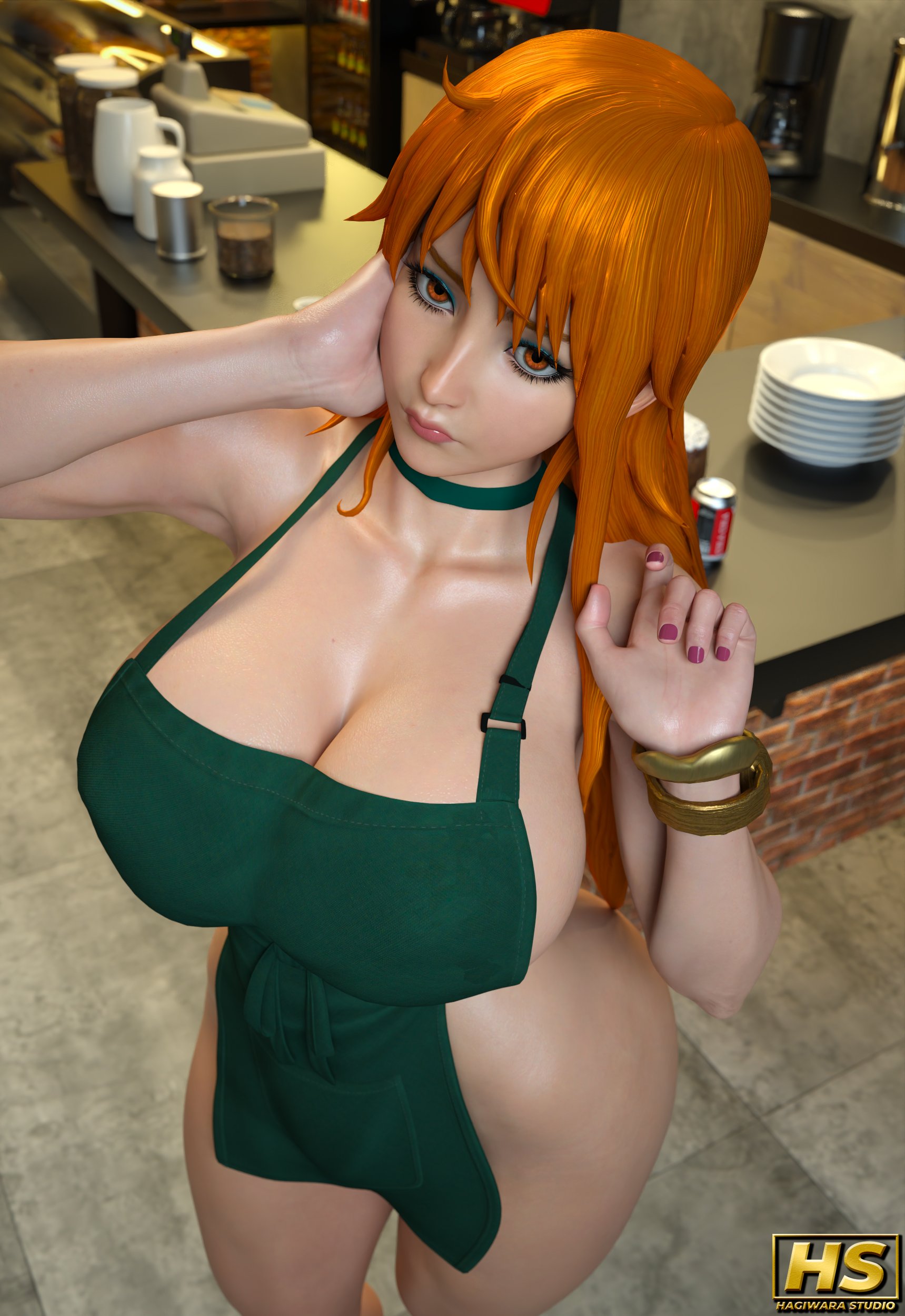 1girls, 3d, ass, big ass, big breasts, breasts, cleavage, digital media (artwork), female, female only, hagiwara studio, huge ass, huge breasts, huge nipples, nami (one piece), one piece, orange hair, solo, thick thighs, voluptuous, voluptuous female