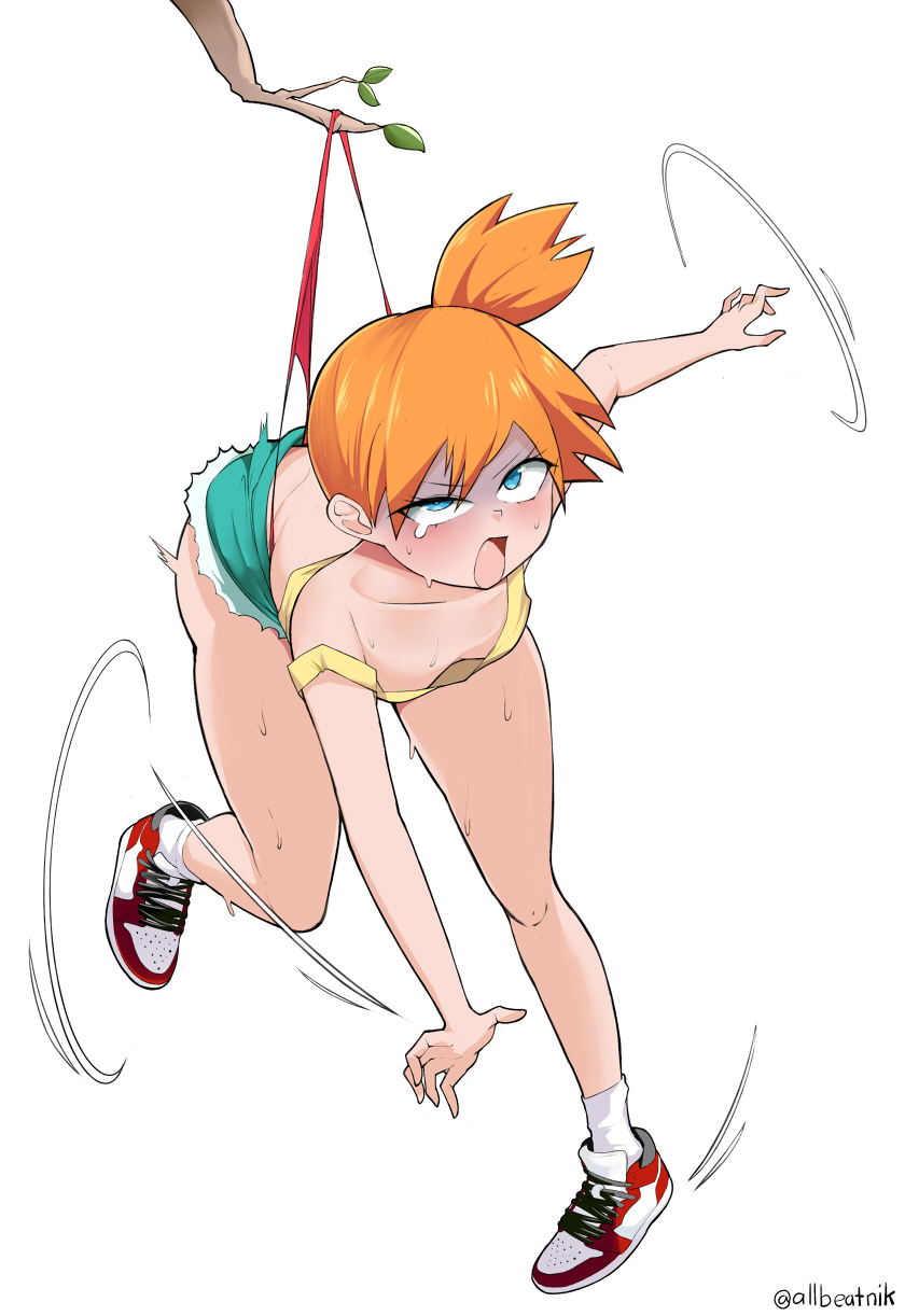 allbeatnik, aqua shorts, areola slip, ass, ass hanging out, ass hanging out of shorts, assisted exposure, bare shoulders, blue eyes, blush, booty shorts, branch, breasts, clothing, collarbone, cutoffs, denim, denim shorts, downblouse, female, footwear, full body, green shorts, kasumi (pokemon), leg up, motion lines, no bra, open mouth, orange hair, panties, pokemon, pokemon (anime), pokemon (classic anime), pokemon rgby, ponytail, red panties, shirt, shoes, short hair, short shorts, shorts, side ponytail, simple background, slingshot swimsuit, small breasts, sneakers, socks, solo, solo focus, standing, standing on one leg, strap slip, suspenders, sweat, tank top, tearing up, tears, thong, tongue, twitter username, underwear, wedgie, white background, white socks, yellow shirt, yellow tank top
