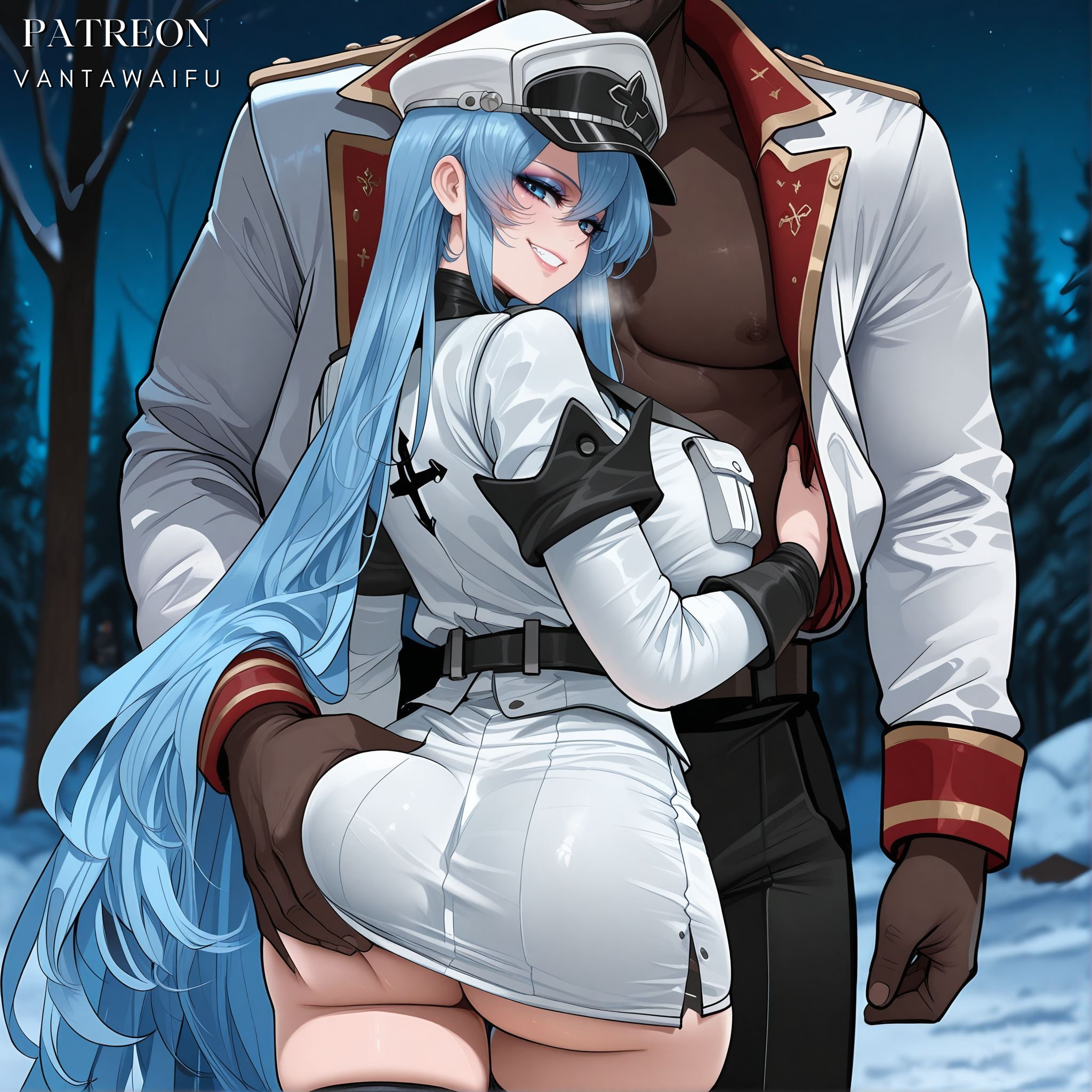1boy, ai generated, akame ga kill!, artist name, ass, ass grab, belt, black belt, black thighhighs, blue eyes, blue hair, blush, breasts, breath, clothing, dark skin, dark-skinned male, esdeath, esdeath (akame ga kill!), fanbox username, female, from behind, generic dark-skinned-muscular male, gloves, grabbing another's ass, grin, groping, hat, headwear, huge ass, interracial, jacket, large breasts, legwear, long hair, long sleeves, looking at viewer, looking back, male, military, military hat, military jacket, military uniform, muscular male, night, night sky, open clothes, outdoors, pants, pantylines, patreon username, peaked cap, pectorals, skirt, sky, smile, snow, straight, thighhighs, thighs, tree, underbutt, uniform, vantawaifu, very dark skin, very long hair, white headwear, white jacket, white skirt