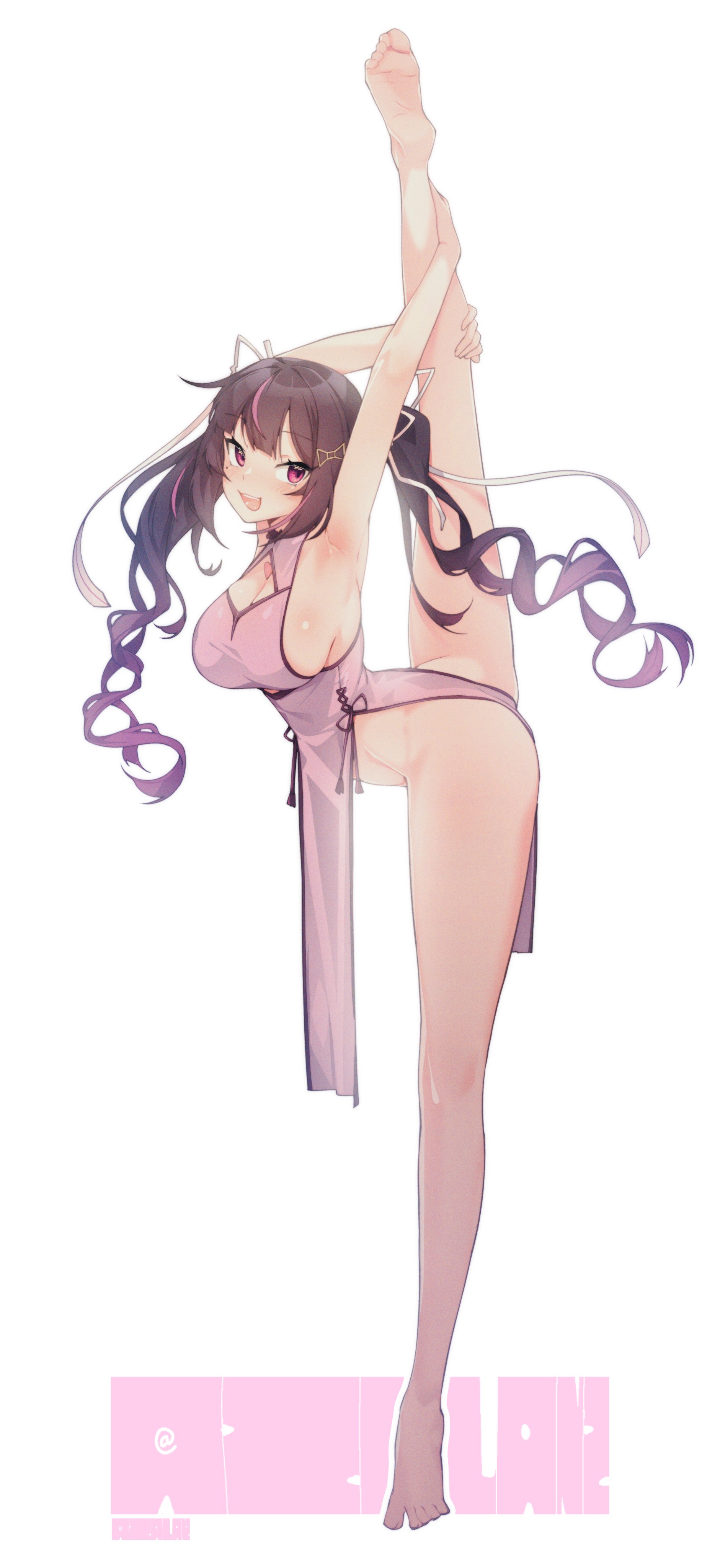 1girls, absurdres, armpits, ass, breasts, brown hair, china dress, chinese clothes, cleavage, dress, female, female only, hair ornament, hair ribbon, highres, himemiya rie, legs, looking at viewer, medium breasts, multicolored hair, open mouth, phase alias, phase connect, pink dress, pink eyes, pink hair, ribbon, sideboob, simple background, smile, solo, solo female, split, standing, standing on one leg, standing split, streaked hair, thighhighs, tilt-shift (azalanz), toes, twintails, virtual youtuber, vtuber, white background
