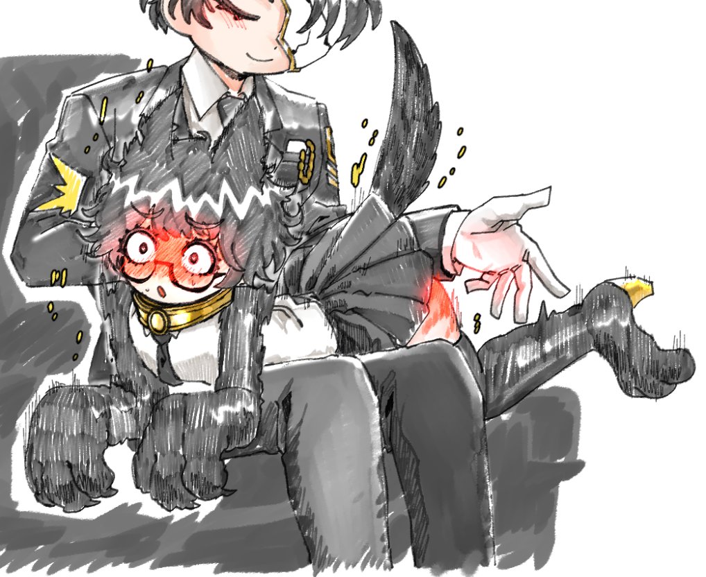 animal ears, black hair, blush, collar, glasses, heart-shaped pupils, limbus company, long socks, miniskirt, project moon, punishment, punishment spanking, rien (limbus company), school uniform, short hair, skirt, skirt up, sora (limbus company), spank marks, spanked butt, spanking, spanking ass, suit, suit and tie, surprised, surprised expression, tail, udiedguy