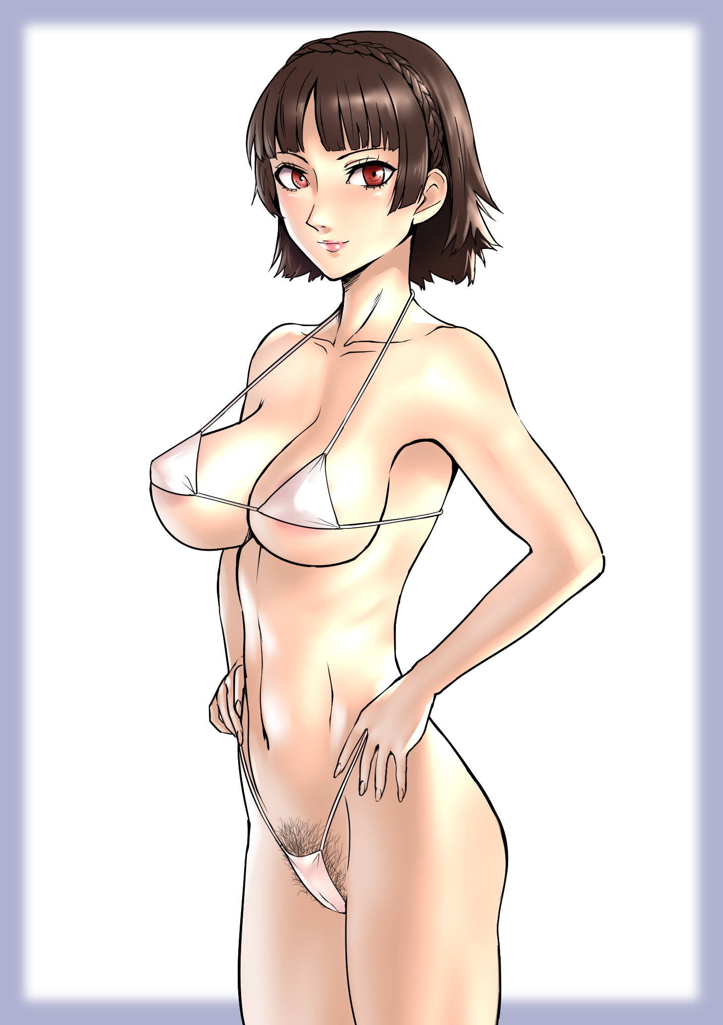 1girls, alluring, atlus, autumn sky, bikini, brown eyes, brown hair, cleavage, makoto niijima, medium breasts, persona, persona 5, pubic hair peek, sega, silf, solo