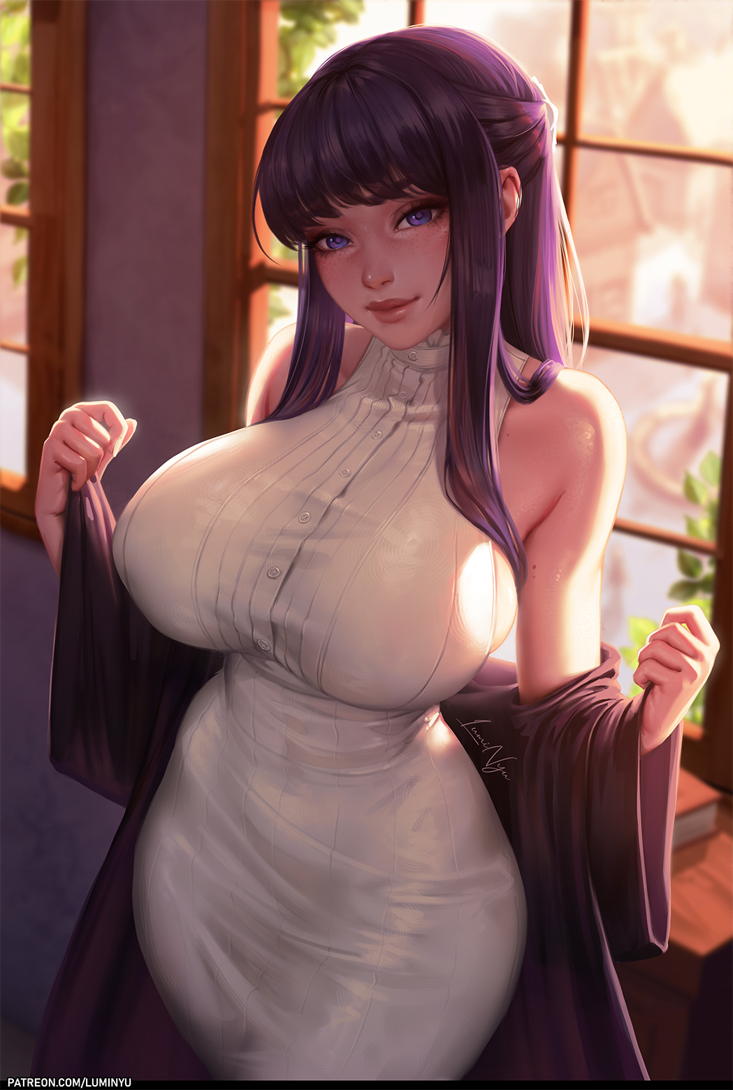 1girl, 1girls, 2026, breasts, buttons, child bearing hips, clothed, clothed female, clothing, curvaceous, curvy, curvy body, curvy female, curvy figure, cute, cute face, female, female focus, female only, fern (sousou no frieren), frieren beyond journey's end, full lips, hair, hips, hourglass figure, huge breasts, human, human female, large breasts, light-skinned female, long hair, looking at viewer, luminyu, patreon, patreon url, purple eyes, purple hair, slim waist, solo, solo female, solo focus, sousou no frieren, sunlight, tagme, thick thighs, tight clothing, tight fit, undressing, very long hair, wide hips