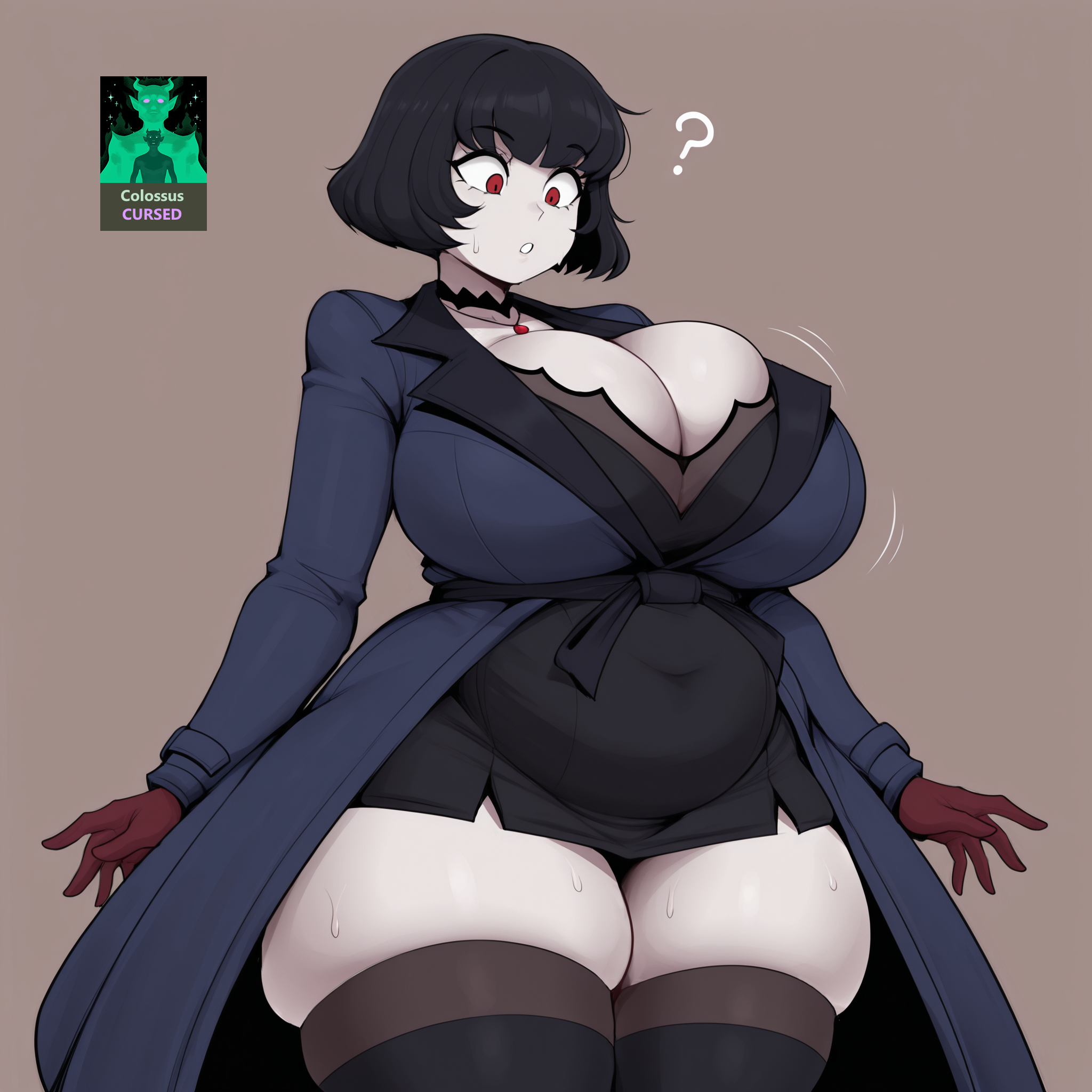 ?, ai generated, awe, breasts bigger than head, chubby, chubby belly, clothed, confused, cursed, cursed item, deadlock, gameplay mechanics, huge breasts, implied transformation, mina (deadlock), mina ha, motion lines, open mouth, plump, post-transformation, shocked, skindentation, thick thighs, transformation, wide hips, wide thighs