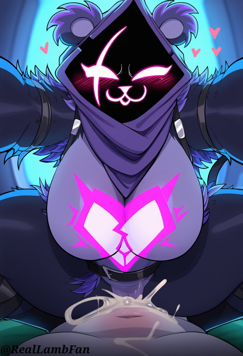 ai generated, anthro, armor, armored gloves, arms outstretched, arms raised, arms up, arousal, aroused expression, ass visible, bear ears, belt, big butt, black gloves, black hood, black mask, blue eyes, blue fur, blush, breasts, breasts focus, cum drip, cum on breasts, cum on pussy, cum overflow, cum string, cute, detailed nipples, detailed pussy, dripping, drool, exaggerated proportions, female, floating hearts, fluffy ears, fortnite, from above, furry, glistening, glossy fur, glowing mask, half lidded eyes, heart, hooded mask, huge ass, huge breasts, hyper breasts, impact lines, lewd, looking at viewer, massive breasts, motion lines, nipples, open mouth, pink cheeks, pink glow, pink nipples, pink pussy, pleasure face, plump breasts, ponytail, pov, puffy nipples, purple hair, purple outfit, purple skin, raven team leader, raven team leader (fortnite), reallambfan, red cheeks, saliva, shiny fur, shoulder pads, solo, spread arms, sweat, thick thighs, tongue out, wet, wide hips