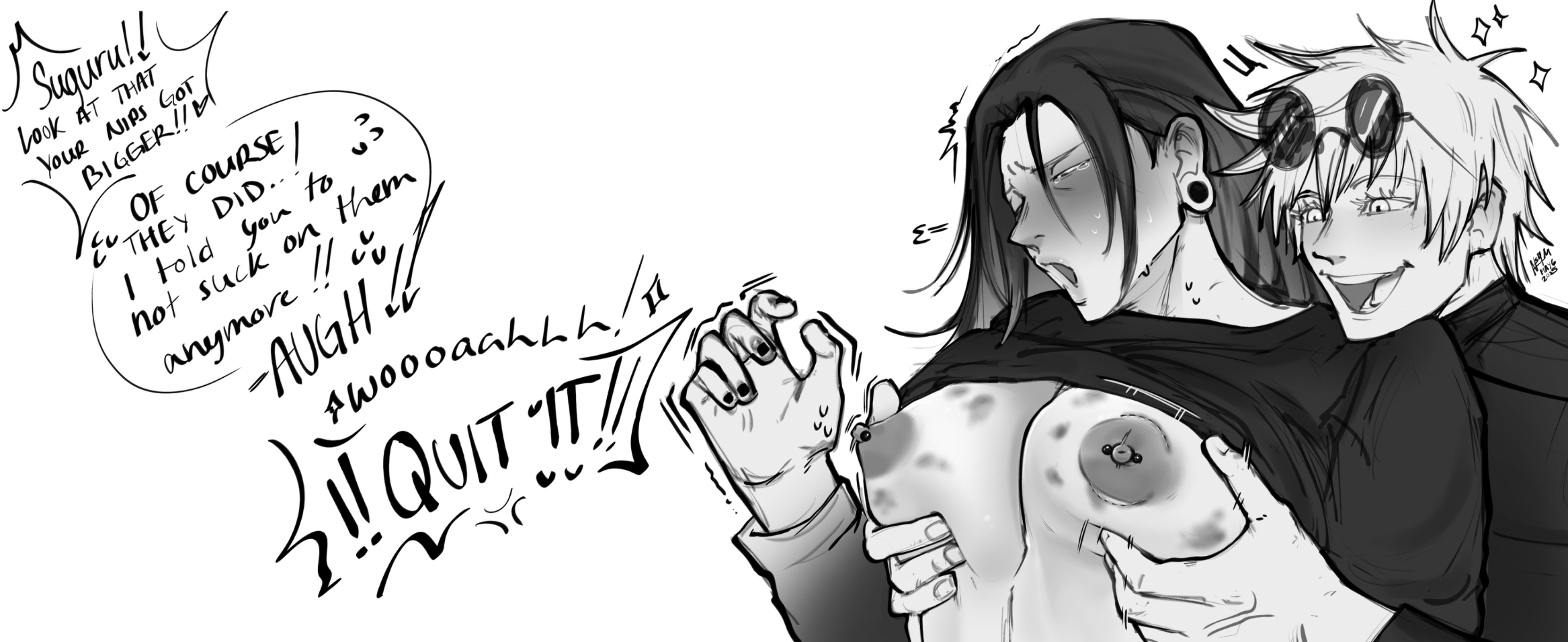 2boys, 2d, 2d (artwork), bite mark, bite mark on breast, bite marks, black hair, english text, femboy, from behind, gay, glasses, grabbing breasts, grabbing from behind, jujutsu kaisen, long hair, looking pleasured, nipple piercing, notsafe4marcus, painted nails, pecs, satoru gojo, suguru geto, tagme, white hair, yaoi