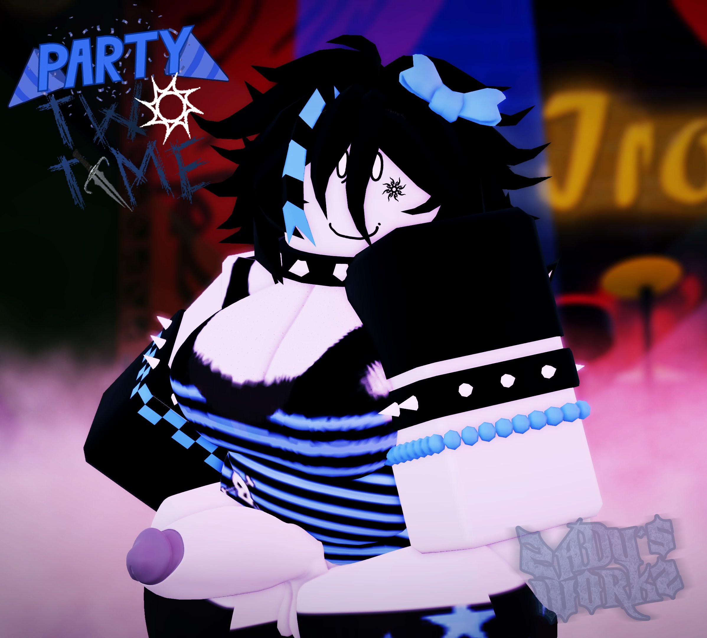 1futa, 3d, balls, bottomless, breasts, character name, cleavage, clothing, crimstuff, forsaken (roblox), futanari, looking at viewer, party two time, penis, roblox, roblox game, robloxian, solo, solo futa, tagme, thighs, two time, watermark