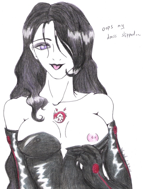 albinoyaoi areola areola_slip black_hair blush breast_slip breasts clothes color dress female female_only front_view fullmetal_alchemist hair hair_over_one_eye homunculus looking_at_viewer lust lust_(fullmetal_alchemist) nipple_slip nipples open_eyes purple_eyes round_ears slit_pupils solo tattoo tongue_out white_background white_skin