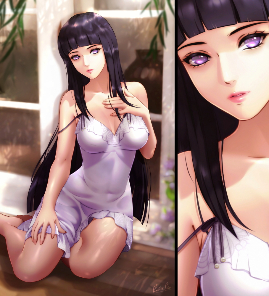 1girls barefoot breasts close-up dress esther-shen female_only hyuuga_hinata kneeling long_hair looking_at_viewer makeup naruto naruto:_the_last naruto_(series) naruto_shippuden no_bra off_shoulder panties purple_hair underwear violet_eyes