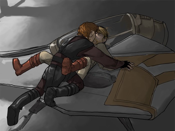 2boys anakin_skywalker background beard black_footwear blonde_hair boots brown_footwear brown_hair closed_eyes clothed clothed_male clothing duo facial_hair footwear gay gloves hand_holding human human_only jedi jedi_knight jedi_master jedi_starfighter kissing knee_boots legs_up light-skinned_male light_skin lying lying_on_person male male_only missionary obi-wan_kenobi on_back on_vehicle rear_view revenge_of_the_sith robe science_fiction shoes short_hair spacecraft spread_legs star_wars tunic vehicle yaoi