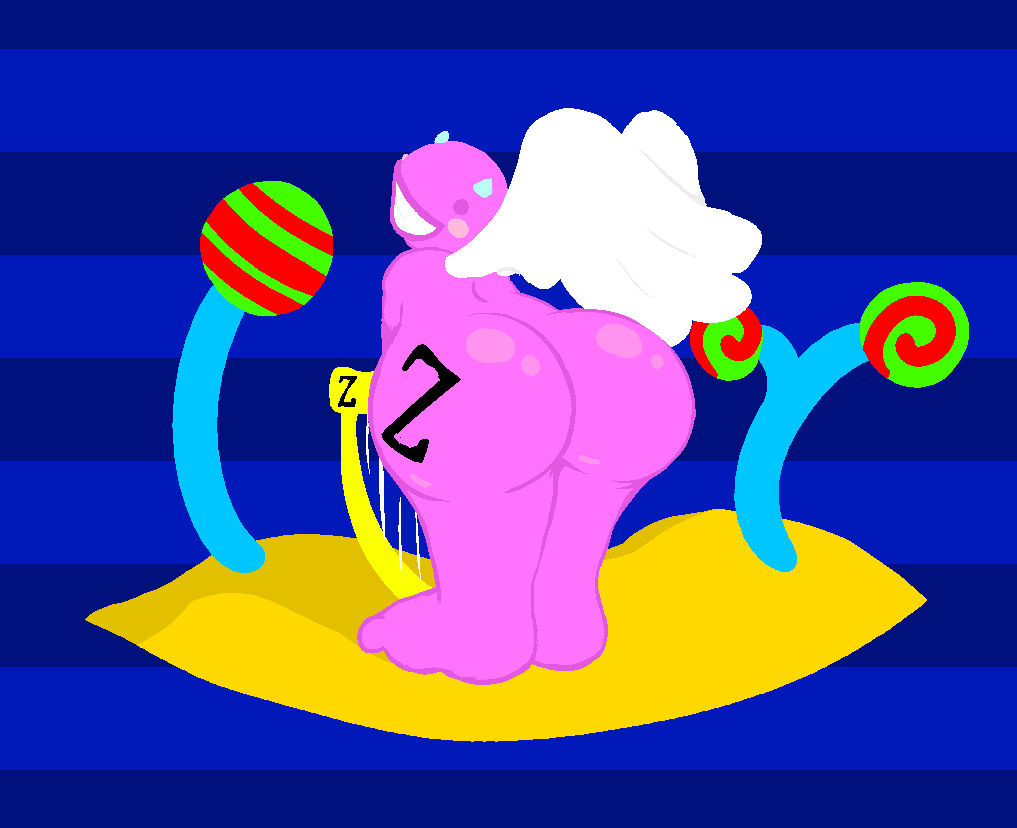 ambiguous_gender ass big_butt blue_background blush harp homestuck horns huge_ass imp letter looking_back ms_paint_adventures naked pink_skin smile solo wings writing_on_body yowesephth zilly_imp