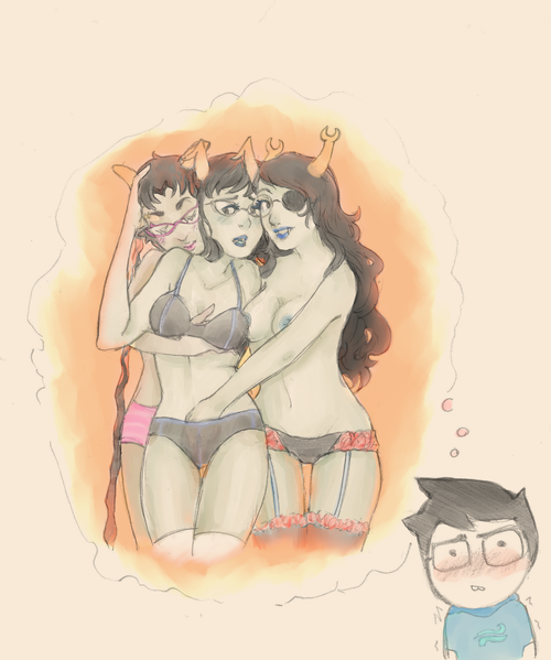 1boy 3girls aranea_serket black_hair blue_lips blue_nipples blush bra braided_hair breasts closed_eyes eye_patch glasses grey_skin hand_in_panties homestuck horns incest john_egbert lingerie long_hair meenah_peixes ms_paint_adventures panties pink_lips short_hair thought_bubble troll vriska_serket white_skin