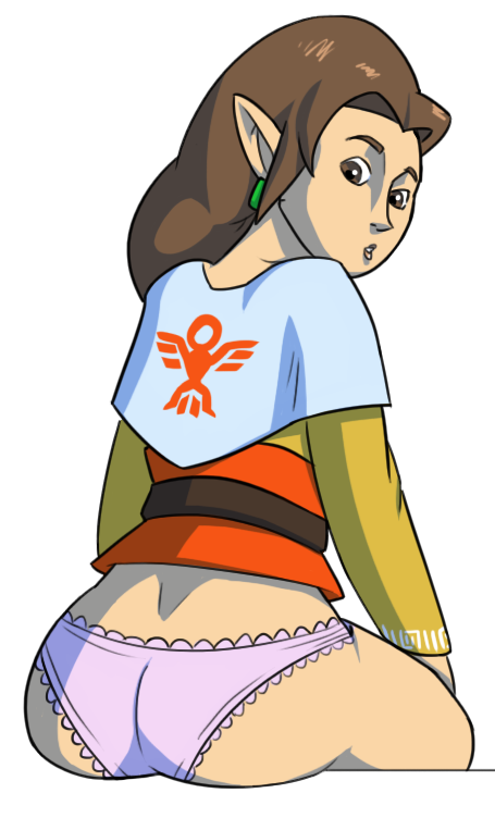 artisano ass brown_eyes brown_hair elf_ears lace-trimmed_panties long_brown_hair long_hair looking_back_at_viewer nintendo orielle panties sitting skyward_sword the_legend_of_zelda the_legend_of_zelda:_skyward_sword thick_thighs white_background