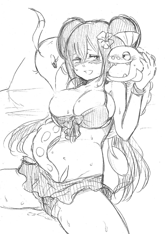 bikini blush breasts double_bun female fingering front-tie_bikini front-tie_top gorebyss huntail implied_penetration large_breasts long_hair monochrome niku_(dance-siva) nipples pokemon pokemon_bw2 pokemon_rse pokephilia rosa_(pokemon) rough_sketch skirt sweat swimsuit tentacle tentacles_under_clothes tied_hair twintails