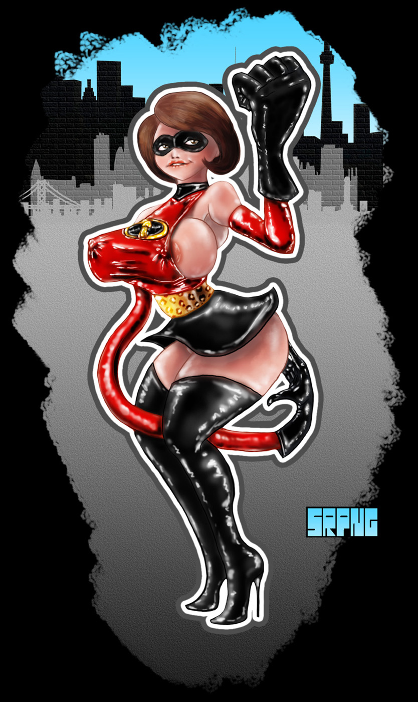 big_ass big_breasts bimbo biting_lip brown_hair disney elastigirl helen_parr high_heels milf nipple_bulge pixar short_skirt sideboob smooth_skin srpng the_incredibles thighhighs