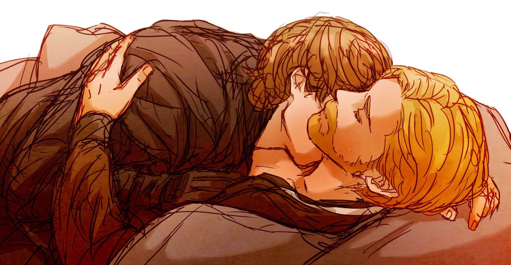 2boys anakin_skywalker beard brown_hair closed_eyes clothed clothing duo facial_hair fully_clothed gay hair hug hugging human human_only jedi kissing light-skinned_male light_skin lying lying_on_back lying_on_person male male_only medium_hair neck necking obi-wan_kenobi on_back on_stomach redhead robe short_hair simple_background star_wars white_background yaoi