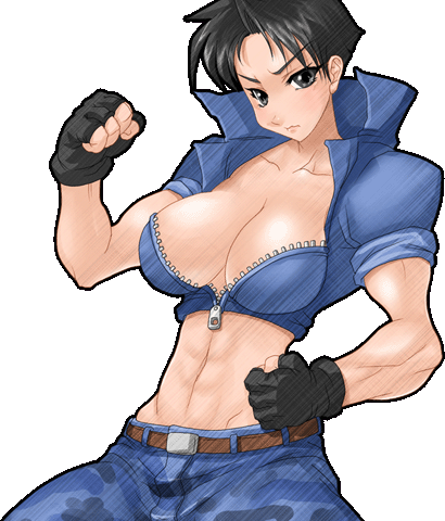 1girls abs belt black_hair breasts cleavage crop_top female female_only grey_eyes midriff muscular_female navel pants sayaka sayaka_(ssf4) sayaka_(strip_fighter) short_hair short_sleeves solo super_strip_fighter_4 tagme zipper