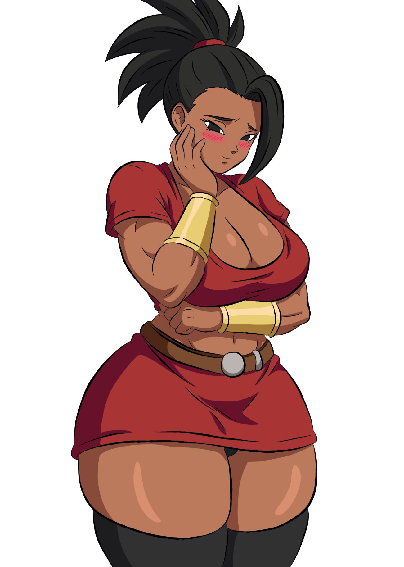 1girls, blush, cleavage, crop top, dragon ball, dragon ball super, female, female only, kale, shy, skirt, thighhighs