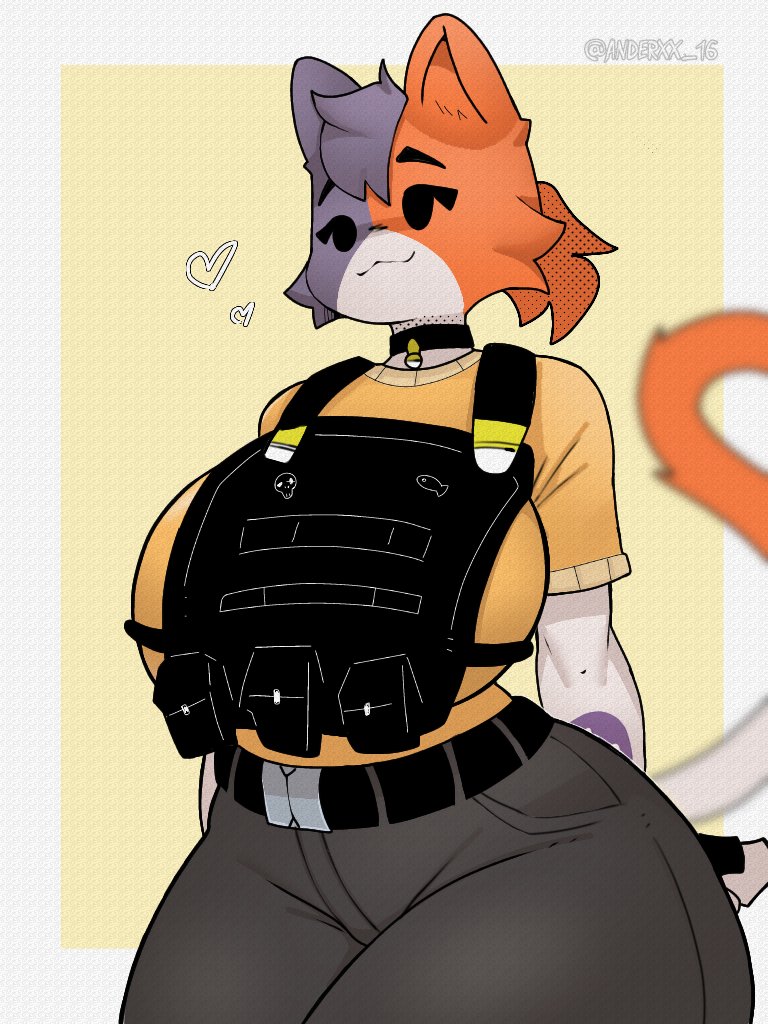 3:4, alternate version available, anthro, beady eyes, belt, big breasts, black eyes, bottomwear, breasts, bulletproof vest, calico cat, cate meowdy (fortnite), choker, clothed, clothing, curvy figure, digital media (artwork), domestic cat, epic games, felid, feline, felis, female, fortnite, front view, fully clothed, huge breasts, jewelry, mammal, mrdexxxs, necklace, pants, portrait, solo, three-quarter portrait, undersized clothing, wide hips