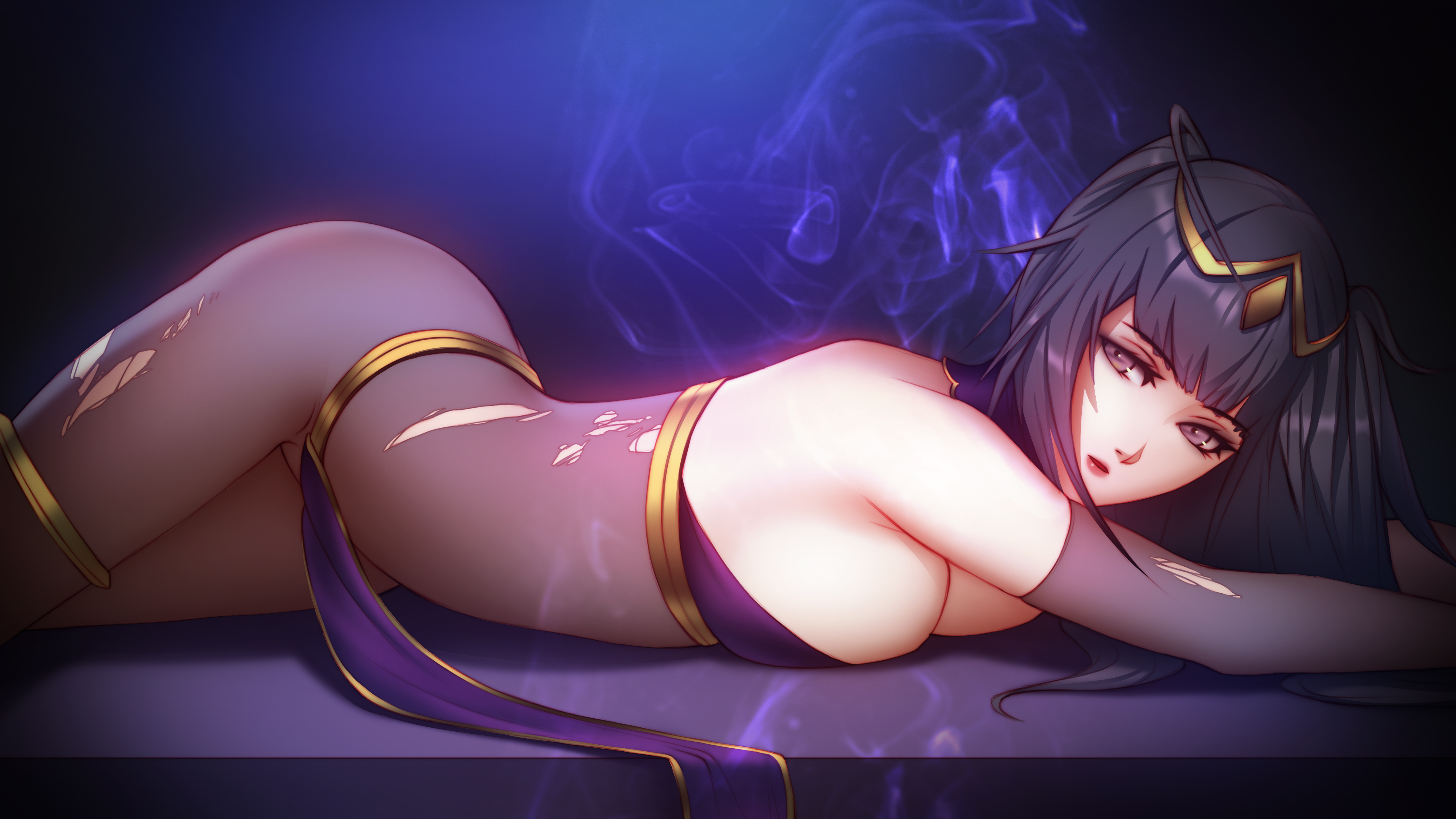 absurd res, absurdres, arms, ass, ass crack, bare shoulders, black hair, blunt bangs, bodystocking, bodysuit, bra, breast press, breast squish, breasts, butt crack, cleavage, clothing, female, fire emblem, fire emblem awakening, grey eyes, hairpiece, legs, lips, loincloth, loincloth aside, looking at viewer, midriff, pantyhose, pinkladymage, simple background, stockings, tharja (fire emblem), thigh ring, thighs, tiara, torn clothes
