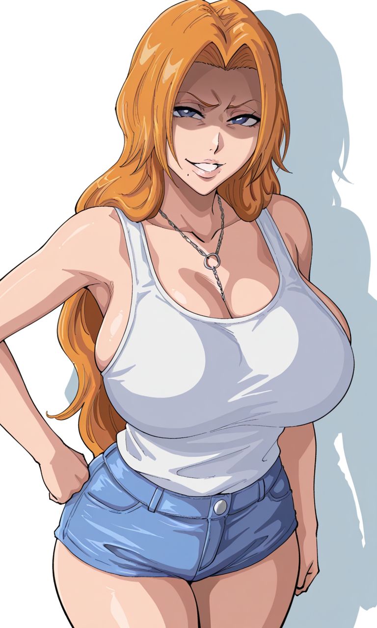 1girls, ai generated, big breasts, bleach, bleach: the thousand-year blood war, blue eyes, curvy, curvy body, curvy female, curvy figure, denim, denim shorts, disgust, disgusted, disgusted look, female, female only, grin, huge breasts, kyoru189, large breasts, light skin, light-skinned female, long hair, looking at viewer, matsumoto rangiku, mature female, milf, mole, mommy, necklace, orange hair, shaded, shaded face, shiny, shiny skin, shorts, smile, solo, solo female, tank top