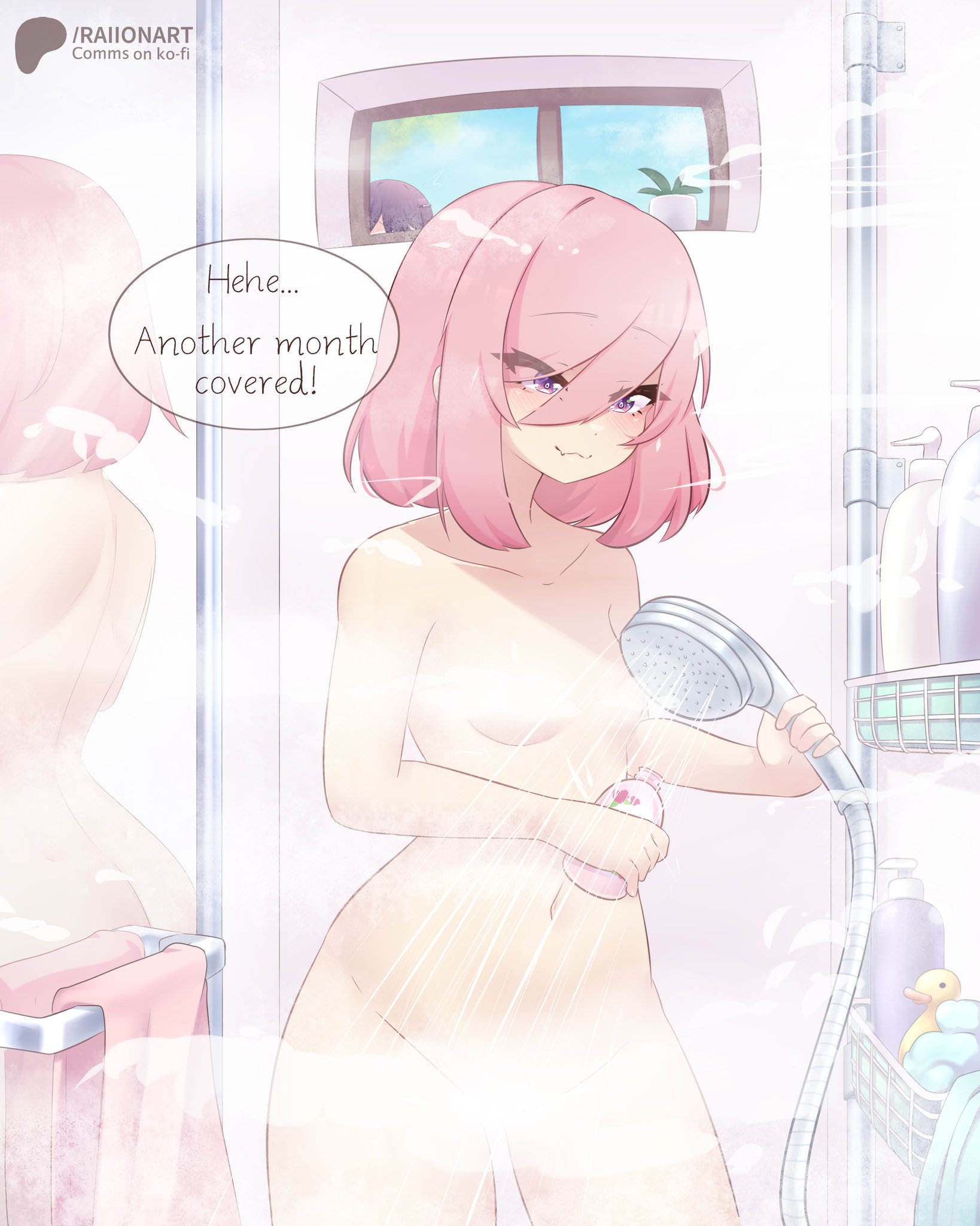 2girls, doki doki literature club, natsuki (doki doki literature club), raionart, showering, stalking, tagme, yuri (doki doki literature club)