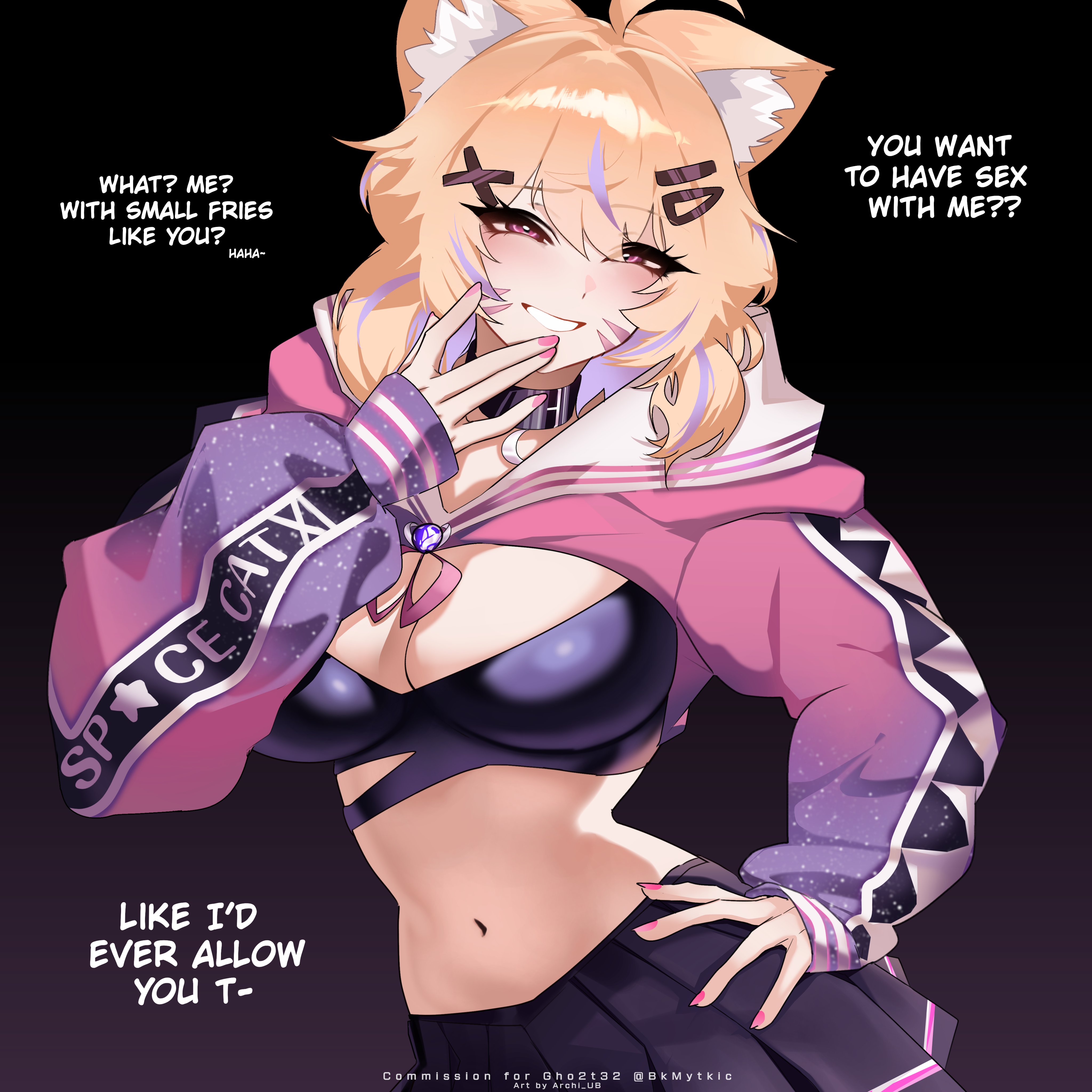 1girls, animal ear fluff, animal ears, archimedesu100, archimedesu99, blonde hair, breasts, cleavage, eyebrows visible through hair, female, female only, hair ornament, hairclip, hand on hip, indie virtual youtuber, large breasts, light skin, light-skinned female, long sleeves, looking at viewer, midriff, nail polish, navel, purple nails, skirt, smile, solo, squchan (vtuber), virtual youtuber, vyugen