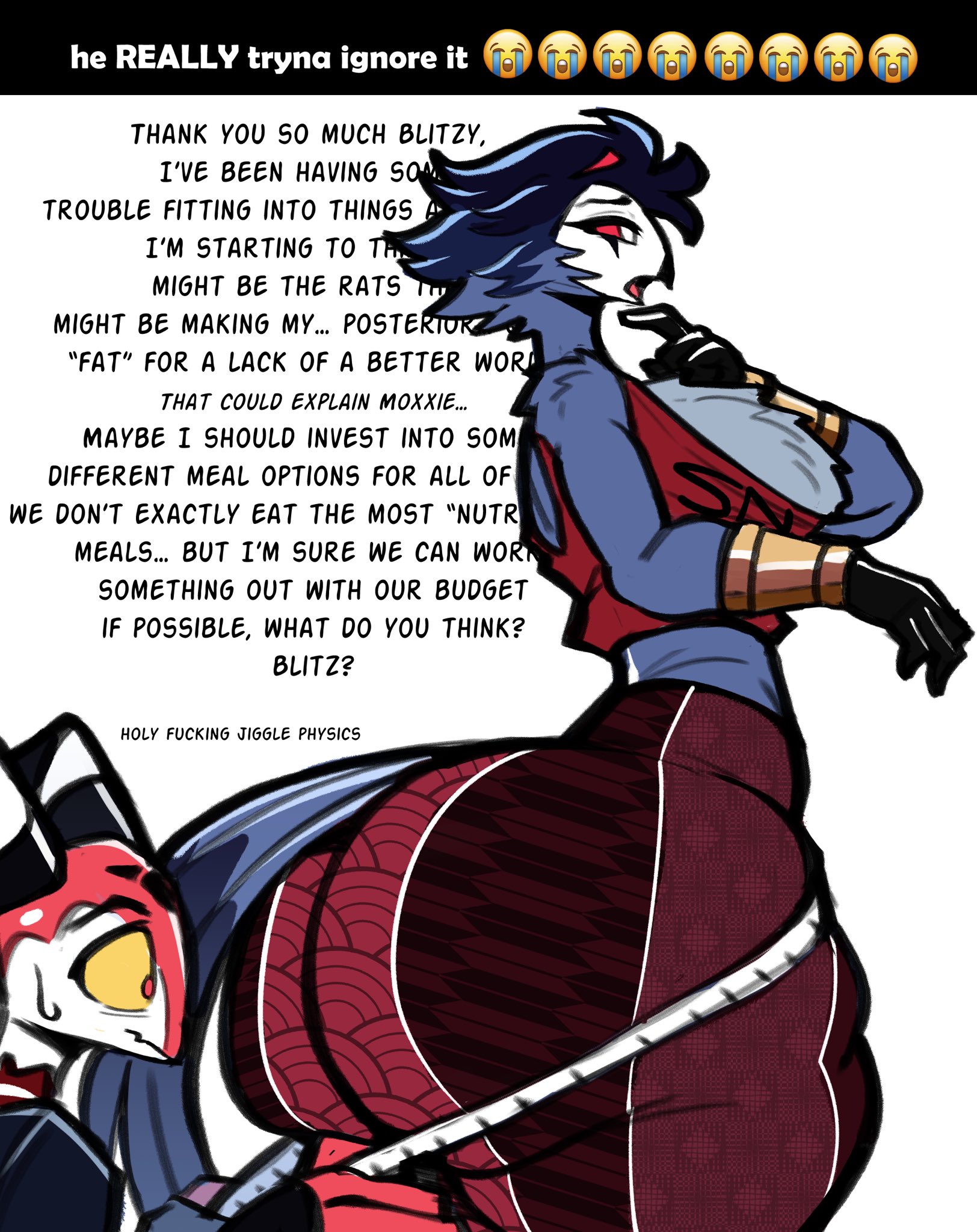 2boys, anthro, ass, ass awe, ass focus, ass size talk, big ass, blitzo (helluva boss), bottom heavy, bubble butt, clothing, demon, dialogue, fat ass, femboy, flare pants, forbidden pants, furry, gluteal fold, he tryna ignore it (meme), helluva boss, huge ass, hyper, hyper ass, imp, large ass, looking at ass, male, male only, massive ass, measuring, measuring tape, meme, nathanatwar, pants, red skin, size talk, stolas (helluva boss), tail feathers, talking to partner, text, thick ass, thick thighs, whateverdoes, wide hips