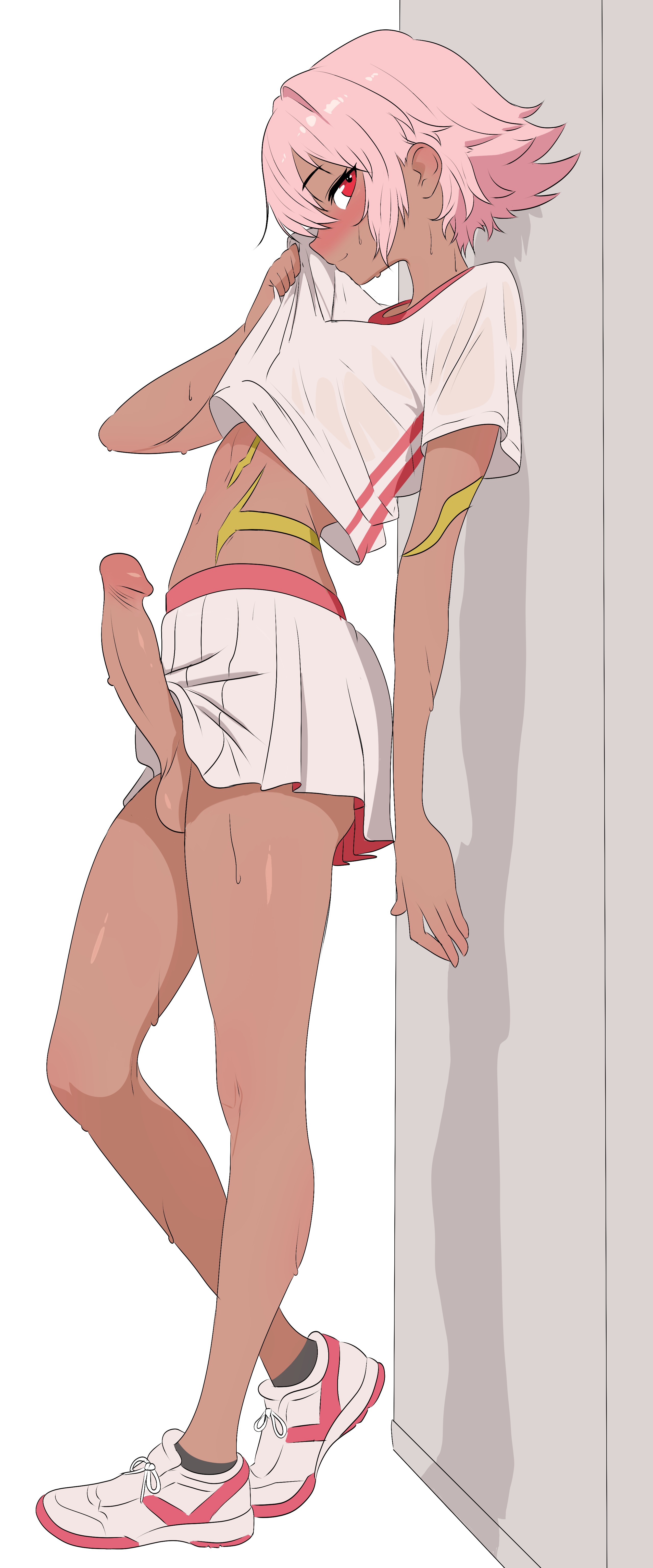 .hack, .hack//imoq, blackrose, blackrose (.hack), cock, dark skin, futanari, penis out, pink hair, skirt, skirt lift, smile, solo, sweat, tennis uniform, white background