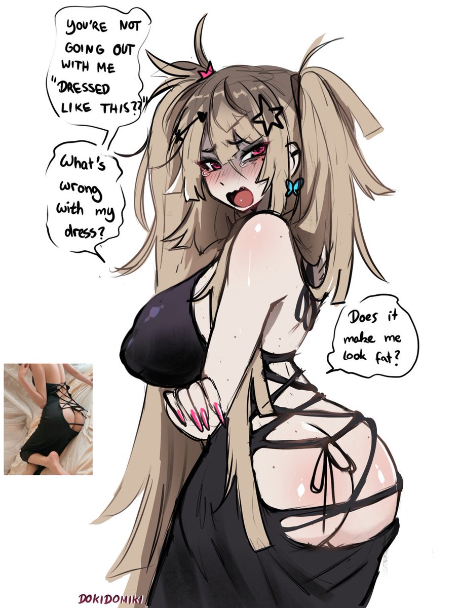 1girls, cleavage, cleavage cutout, dialogue, dokidomiki, dress, female, female focus, female only, hip cleavage, miki (dokidomiki), no panties, pink nails