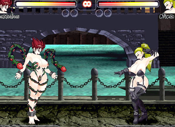 2girls blonde_hair breasts clothed_female_nude_female collar female female_only fishnet_legwear fishnet_stockings gloves high_heels large_breasts lipstick long_hair lowres multiple_girls navel nina nina_(ssf4) nina_(strip_fighter) nipple_slip nipples panties ponytail red_hair red_lipstick screenshot shin_(studios) short_hair solo strapless_top succubus succubus_(ssf4) succubus_(strip_fighter) super_strip_fighter_4 tagme tied_hair video_games whip yellow_eyes