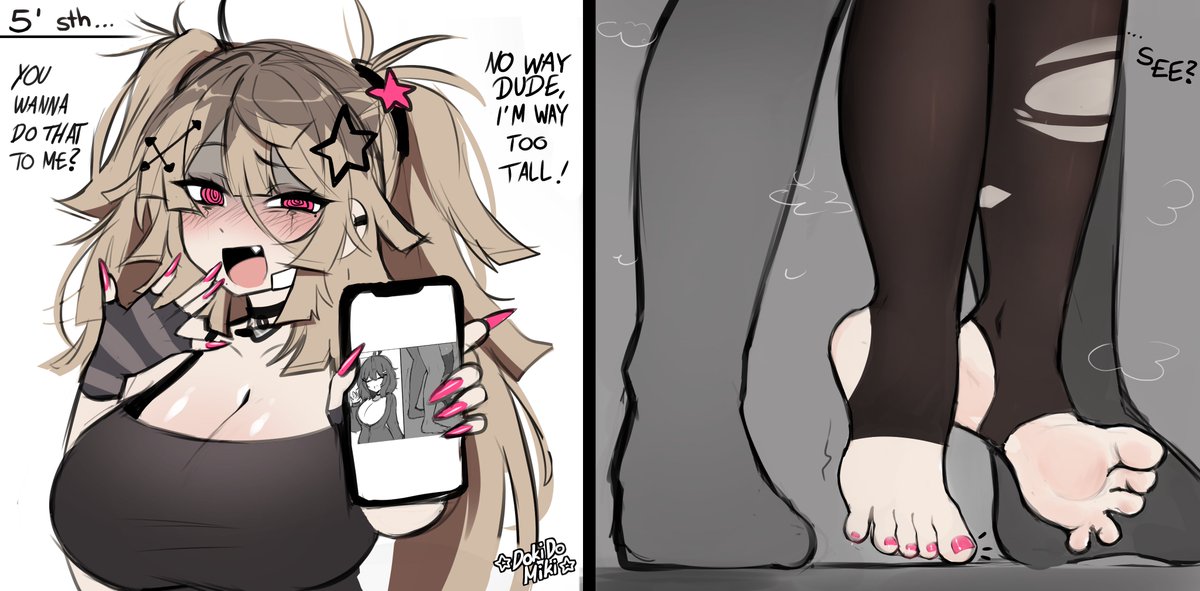 1boy, 1girls, artist name, dangling legs, dokidomiki, english text, feet, fingerless gloves, implied sex, implied sex from between legs, indie virtual youtuber, large breasts, leggings, lifted by another, lifted by penis, long fingernails, meme, miki (dokidomiki), nail polish, original, pink eyes, sharp teeth, shortstack, stirrup legwear, stirrup socks, stirrup stockings, stirrups, suspended on penis, tagme, toes, torn clothes, torn legwear, virtual youtuber, vtuber, yourmizuki