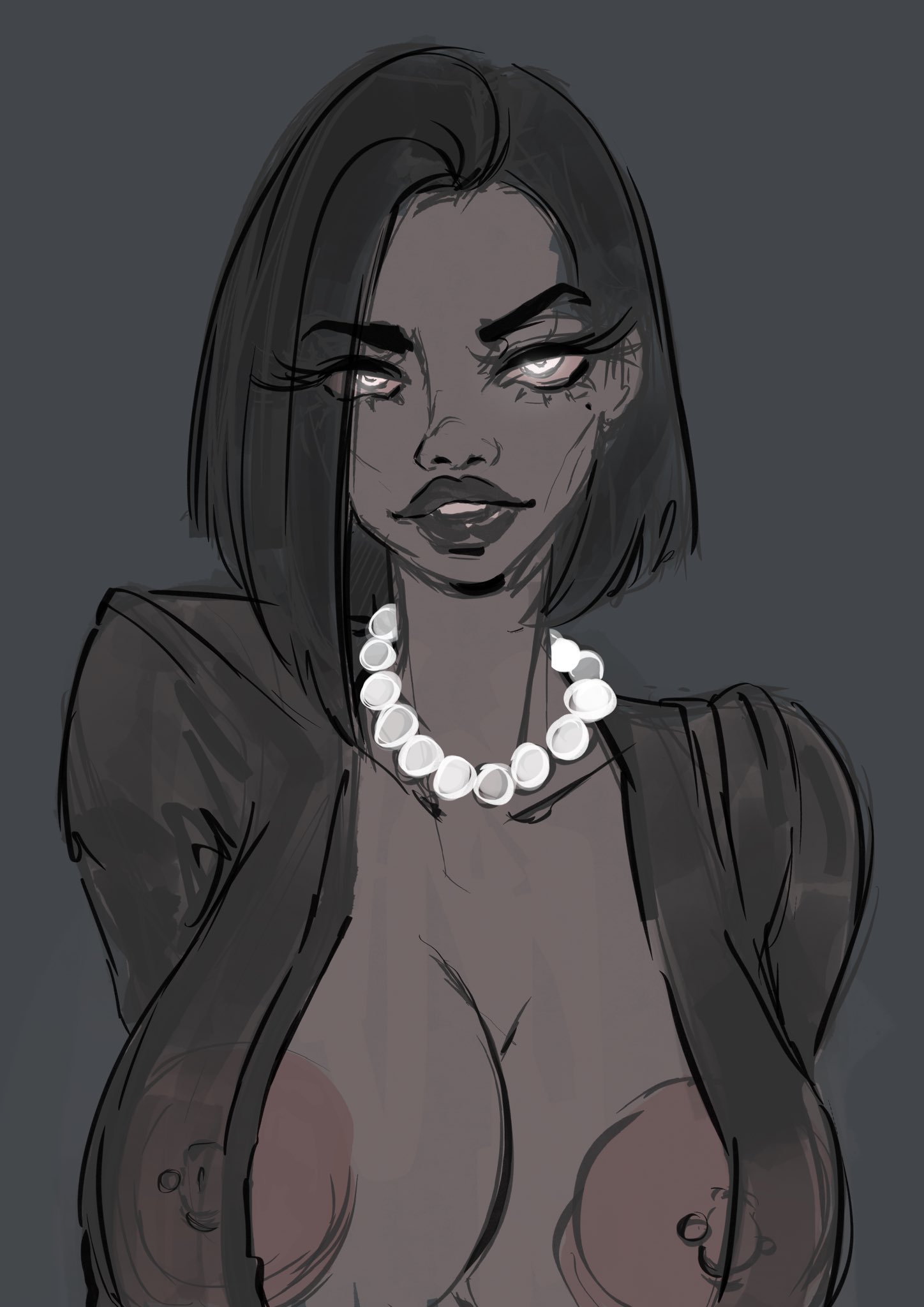 1girls, 2d, big breasts, black hair, black lipstick, large areolae, long eyelashes, majorspacegoat, milf, nipple piercing, pearl necklace, seductive, sere (srvn), short hair, sketch, solo, solo female, transparent clothing, transparent robe