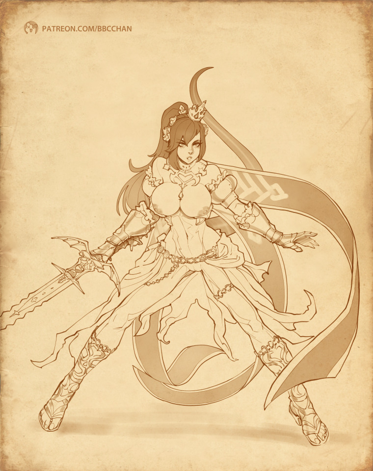 armor bbc-chan code_of_princess cosplay female gauntlets large_breasts long_hair monochrome open_toe_shoes ponytail sandals solange_blanchefleur_de_lux solo sword tail tied_hair zweihander