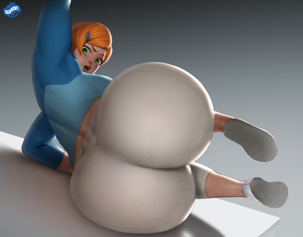 1girl, absurdres, ass, ass focus, ben 10, ben 10 (classic), big ass, blu rent, blue shirt, breasts, bright orange hair, capri pants, cartoon network, curvy, delicate, earrings, egao, female focus, green eyes, gwen tennyson, gwen tennyson (classic), hairclip, huge ass, long legs, looking at viewer, looking back, medium breasts, naughty face, naugty eyes, no bra, perky breasts, petite, raglan sleeves, short hair, skin tight, skinny, sneakers, soles, solo, thick thighs, thighs, top-down bottom-up, white footwear, white pants, white shirt, wide hips